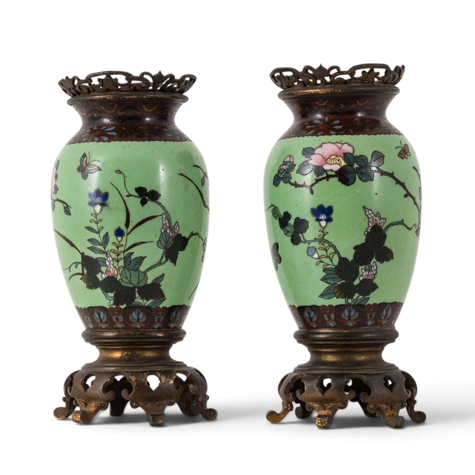 Pair Japanese Meiji Period Cloisonne Enamel Vases with Bronze Mounts, Circa 1900 - 6