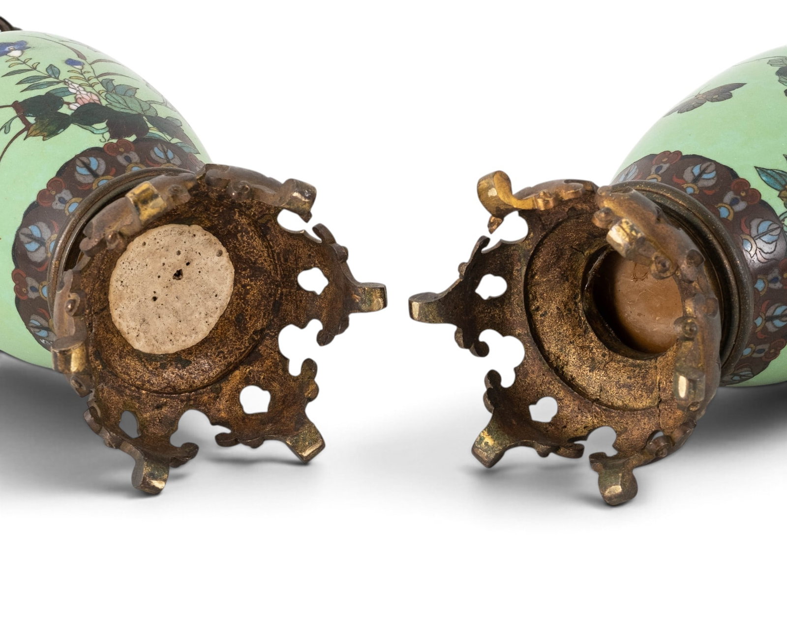 Pair Japanese Meiji Period Cloisonne Enamel Vases with Bronze Mounts, Circa 1900 - 7