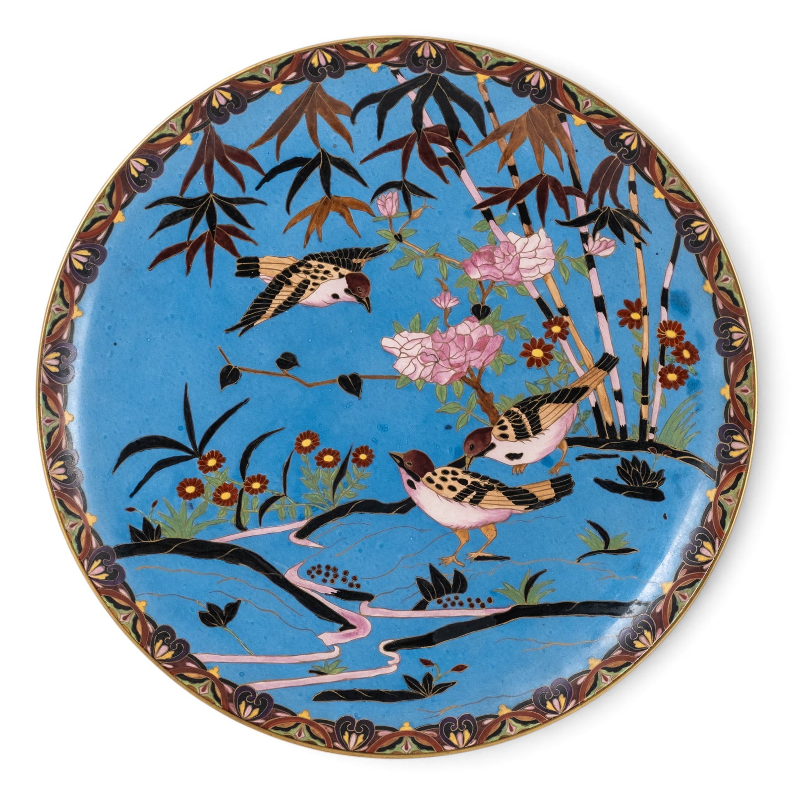 No Reserve: Japanese Meiji Period Faience Charger with Hand Painted Decoration, 19th Century: Keywords: Japanese Art, Meiji Period, Faience, Ceramic Charger, Bird And Flower, Bamboo, Floral Decoration, Cloisonne Style, Polychrome, Turquoise Blue, Hand Painted, Asian Decorative Arts, Japonisme 