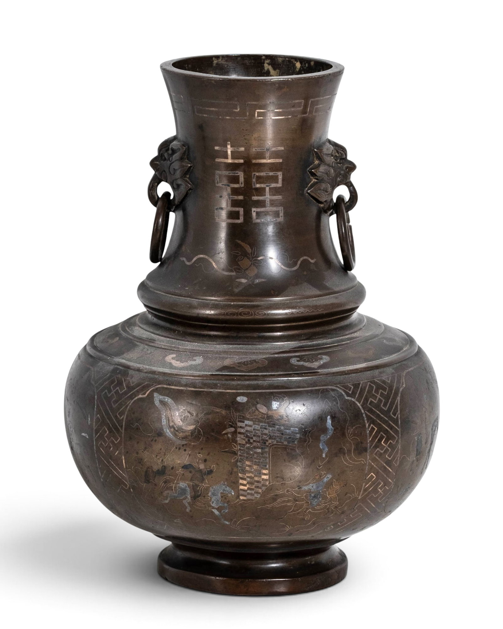 Japanese Meiji Period Bronze Vase Inlaid with Silver and Gold, 19th Century: Keywords: Japanese Art, Meiji Period, Mixed Metal, Silver Inlay, Gold Inlay, Bronze Vase, Ring Handles, Mythological Masks, Figural Decoration, Geometric Motifs, Asian Decorative Arts, Metalwork Summa