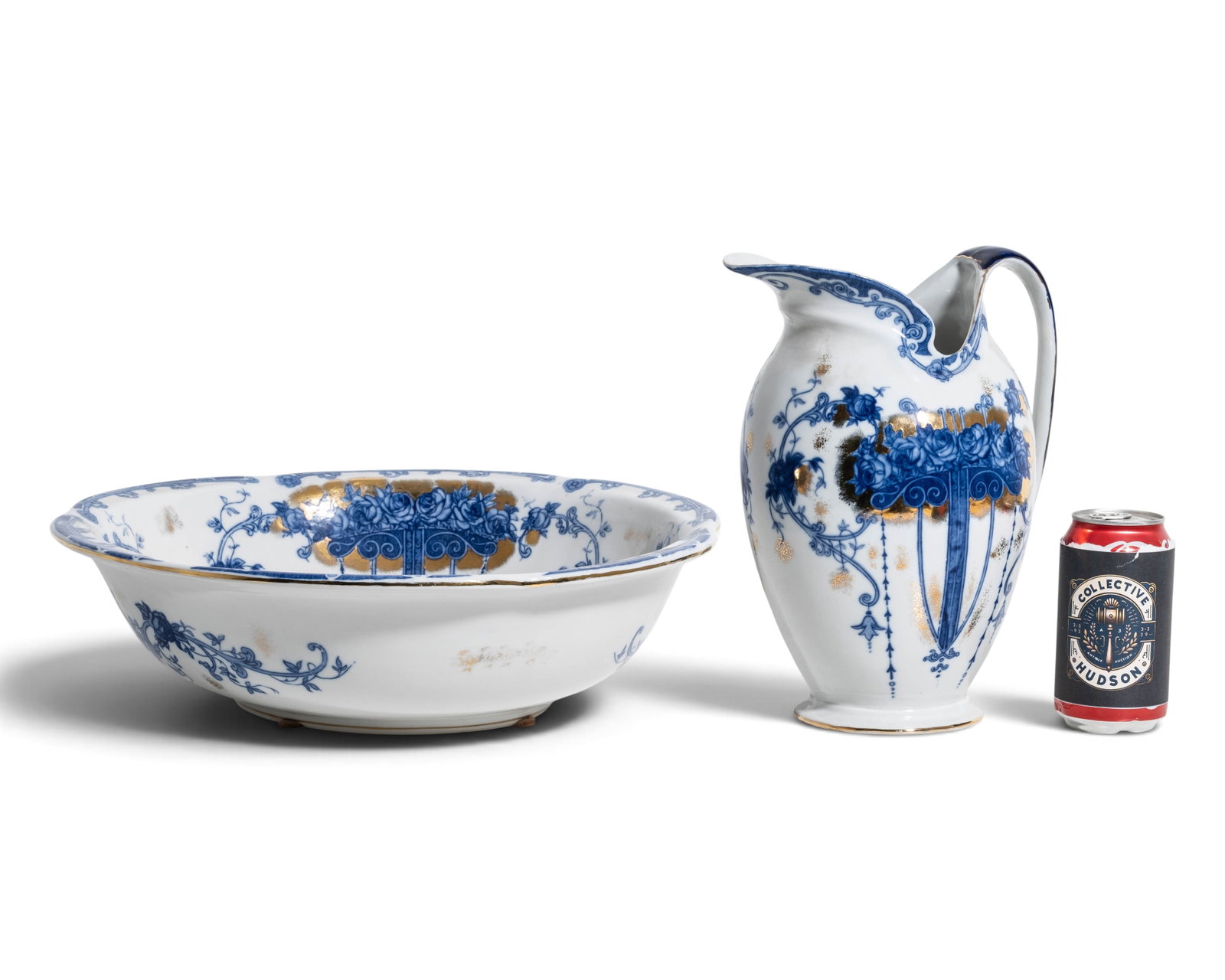 No Reserve: Victorian Flow Blue Ironstone Pitcher and Basin Set, Circa 1900 - 2