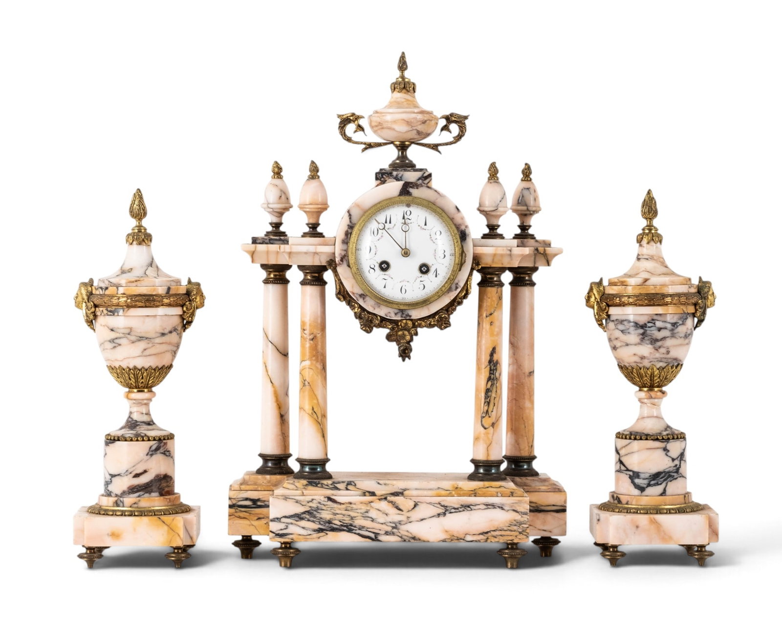 No Reserve: French Three-Piece Bronze and Marble Portico Clock Garniture, Circa 1880 (1 of 9)