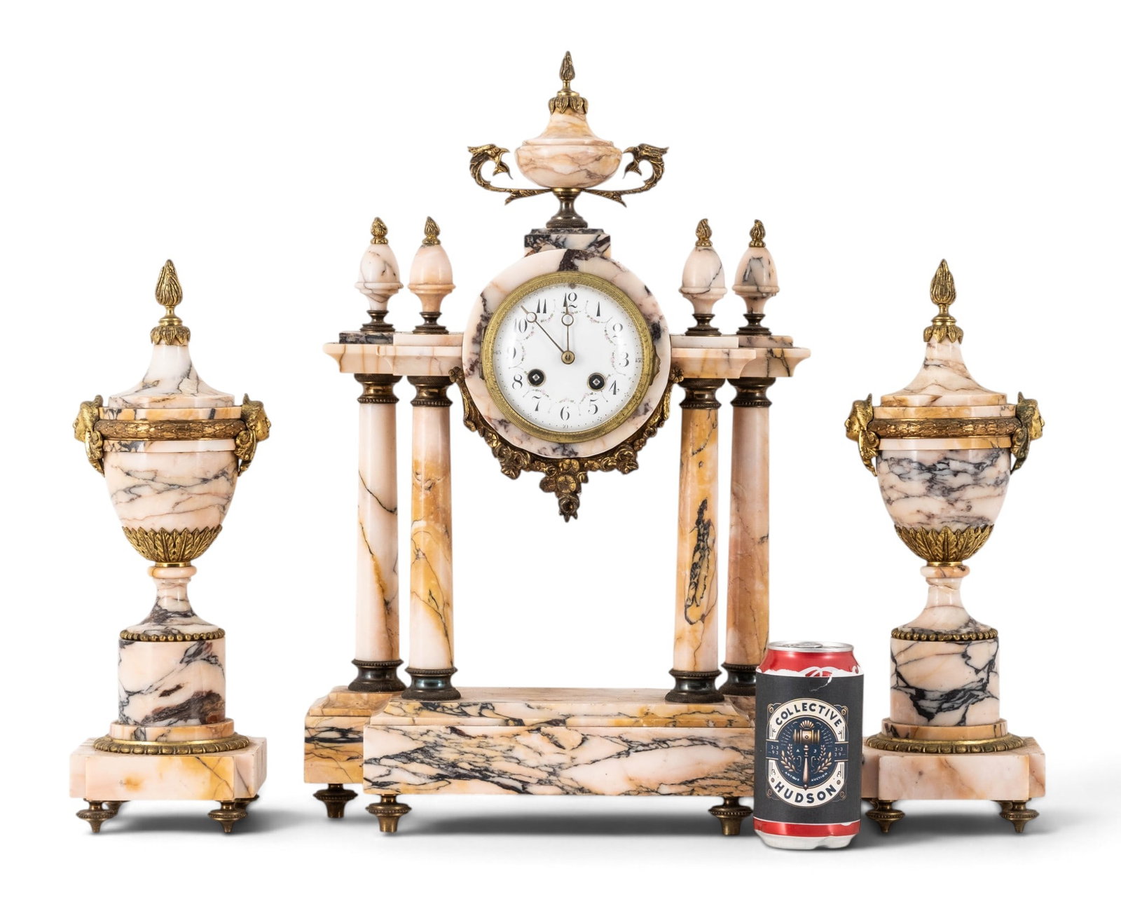 No Reserve: French Three-Piece Bronze and Marble Portico Clock Garniture, Circa 1880 - 2