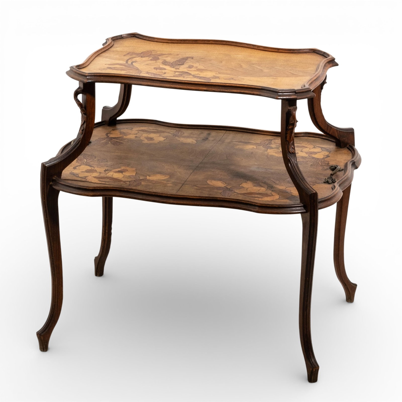 Camille Gauthier Rare Signed, Inlaid and Carved Art Nouveau Tea Table, c. 1900: Keywords: Camille Gauthier, Galle Style, Majorelle, Nancy Style. Jugendstil, Side Table, Tiered Tea Table, French Art Nouveau Summary: "C. Gauthier Nancy". Spectacular, Galle style, artist signed fine