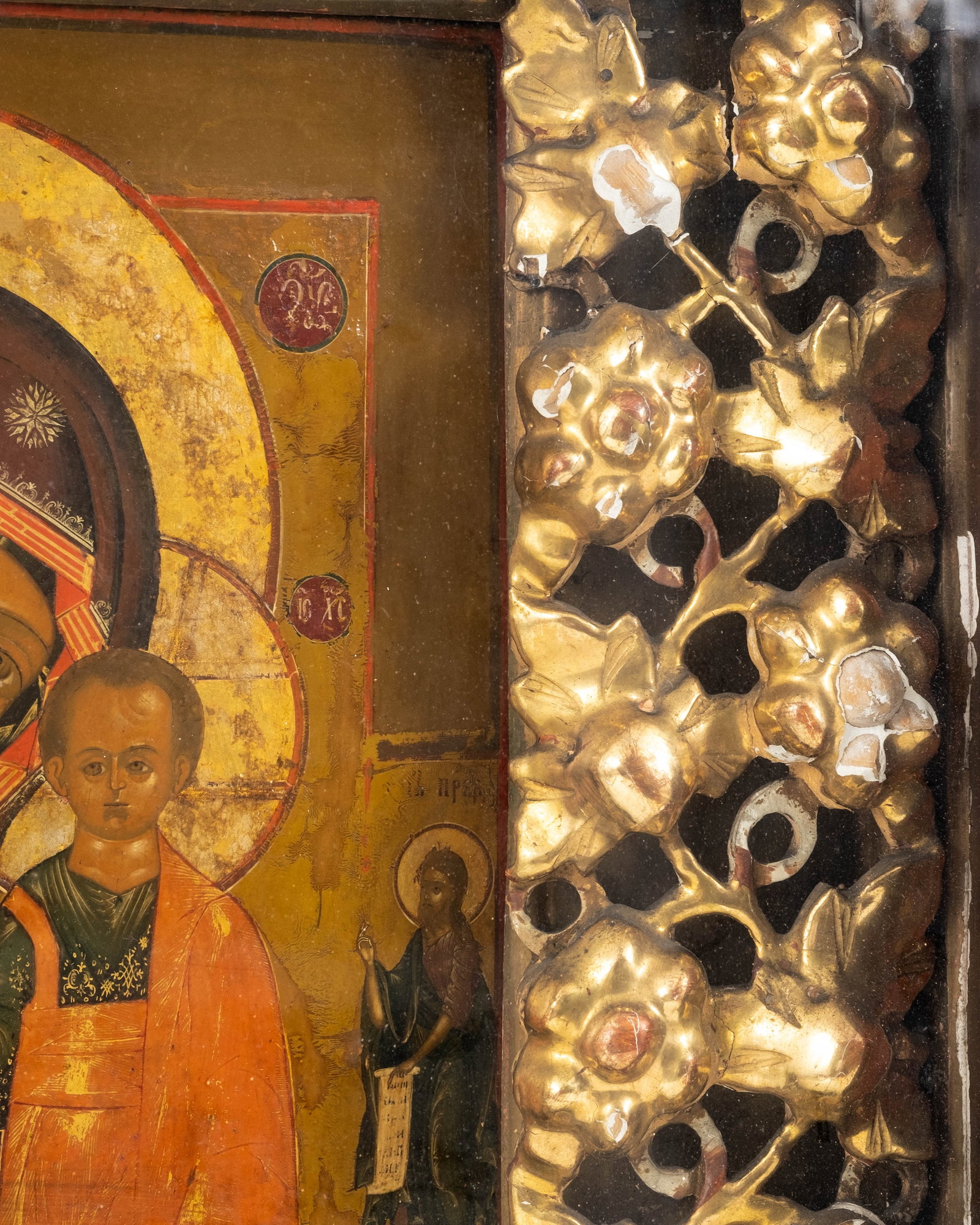 19th Century Russian Kazan Mother of God Icon in Gilt Floral Kiot - 5