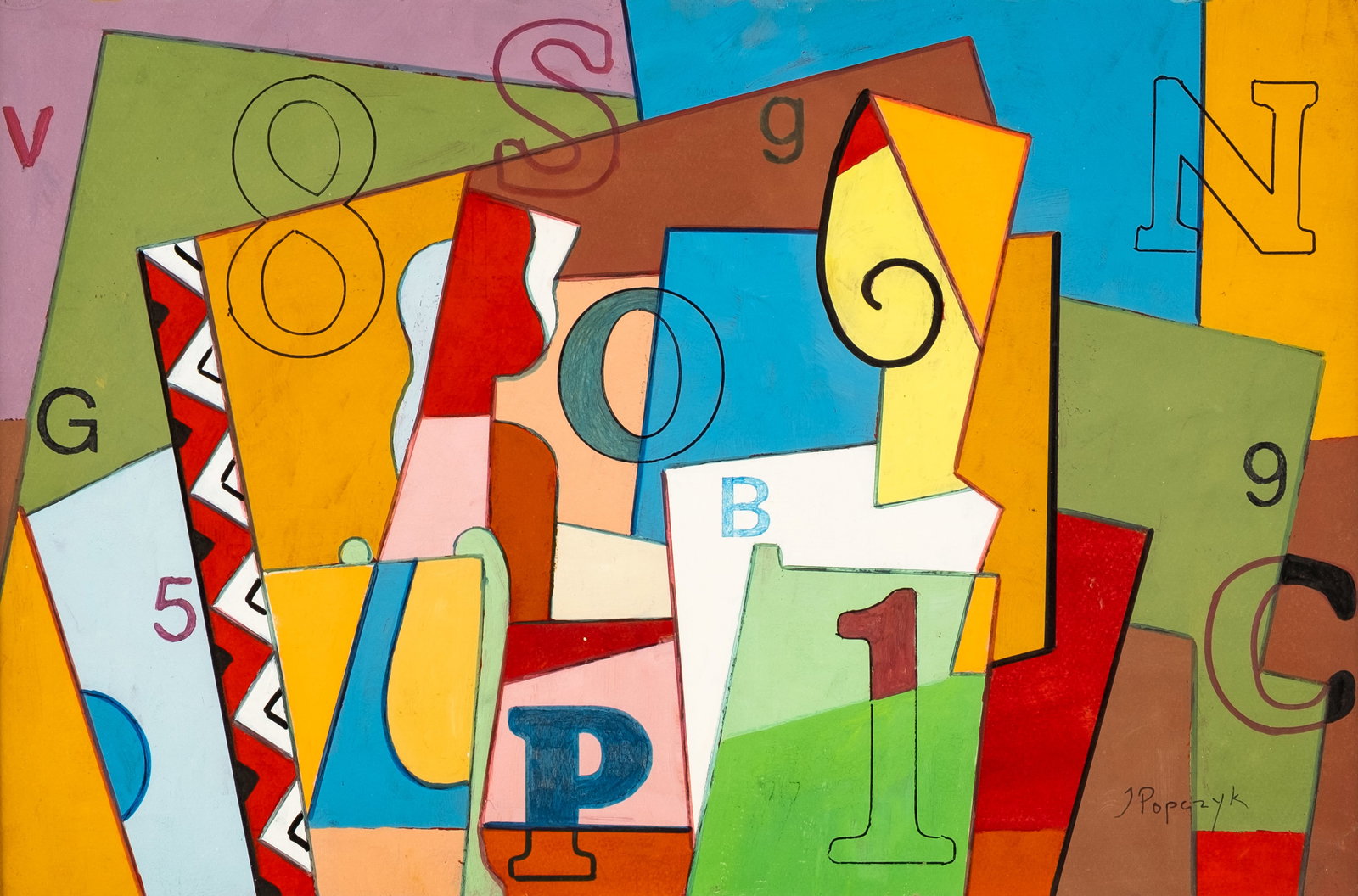 Jozef Popczyk, Signed Cubist Abstract Gouache Painting (1 of 5)
