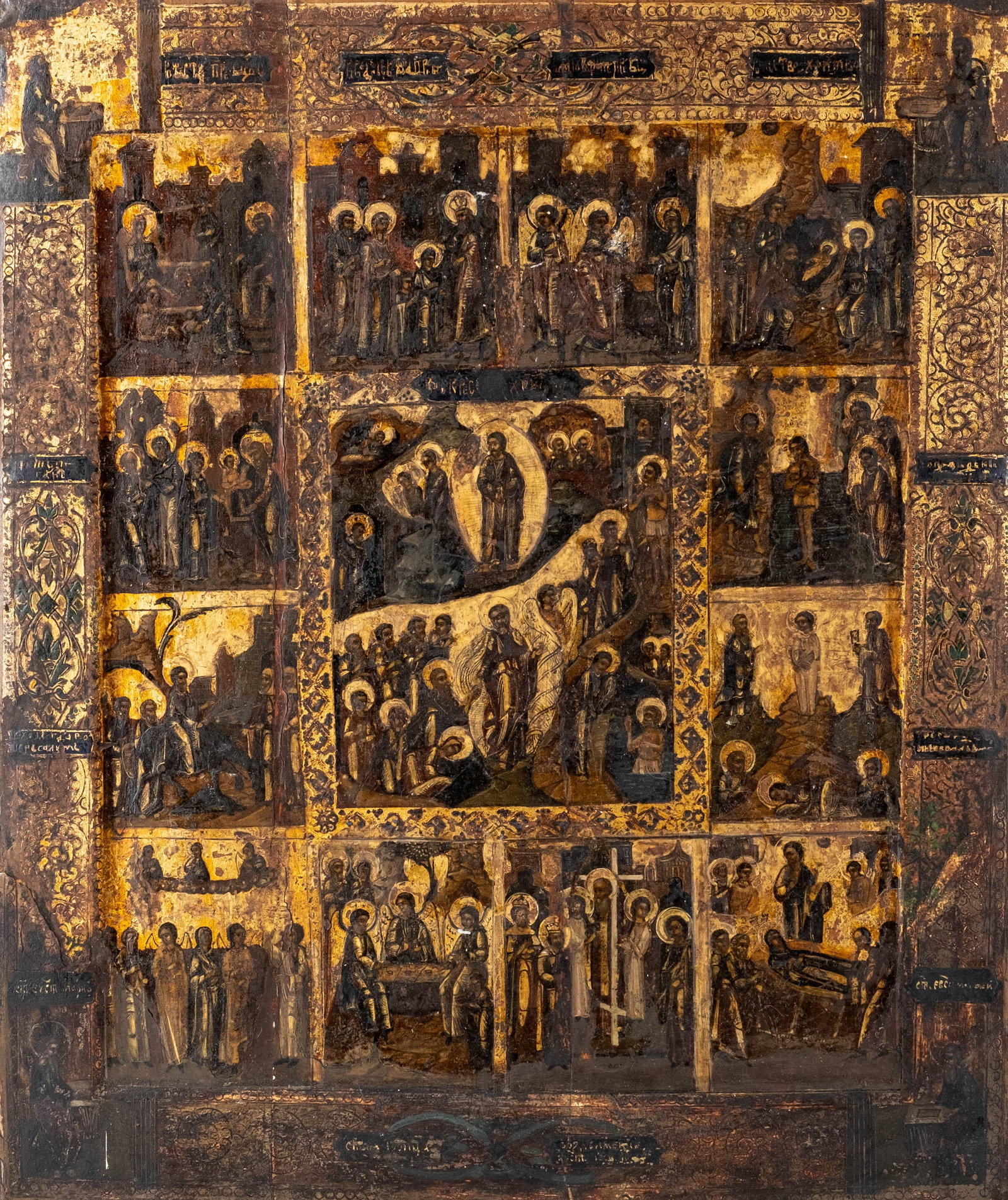 Russian Orthodox Twelve Great Feasts and Resurrection Icon, Late 18th/Early 19th Century: Keywords: Russian Icon, Orthodox Christian, Twelve Great Feasts, Resurrection, Anastasis, Descent Into Hades, Liturgical Calendar, Religious Art, Devotional Art, Tempera, Gilt Ground, Wood Panel, Poly