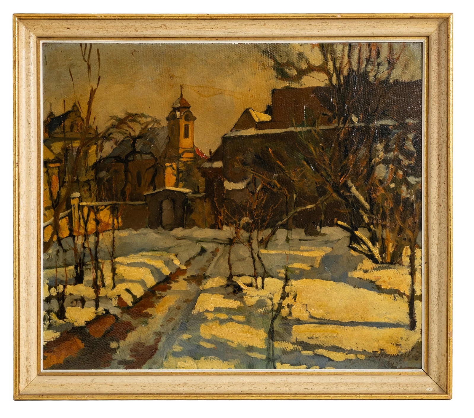 No Reserve: Russian School, Signed 1933 'City in Winter' Oil Painting: Keywords: Russian Art, Winter Landscape, Snow Scene, Cityscape, Village Scene, Church, Modernism, Expressionism, European Art, Cyrillic Signature, 1930s, Oil on Panel Summary: Russian School, 20th cen