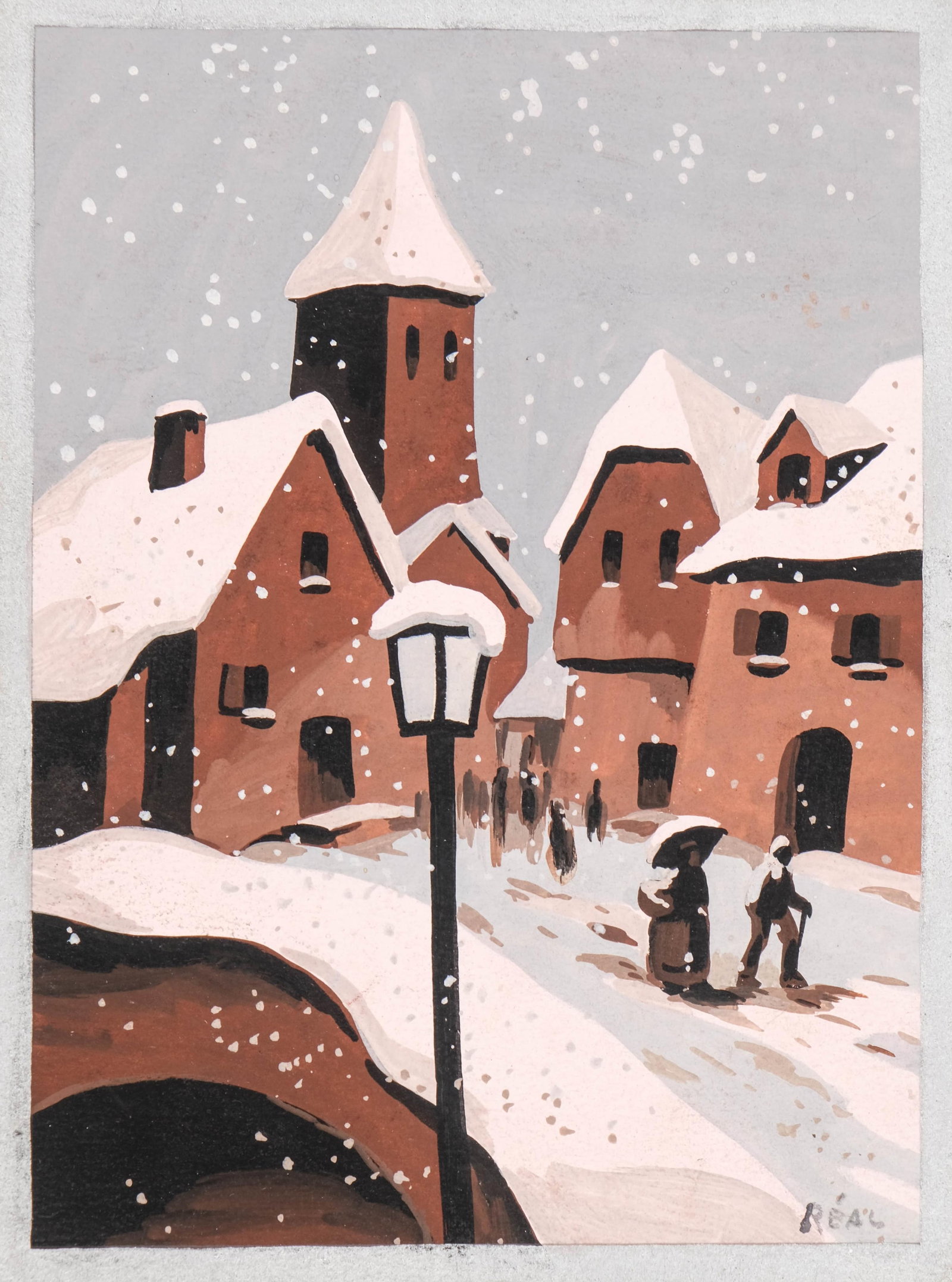No Reserve: Snowy Village, Pochoir Hand Painted over Stencil, Signed 'Real': Keywords: Art Deco, Modernist Movement, Interwar Period Art, French Graphic Tradition, Early 20th Century Decorative Arts, Expressionist Influence, Raoul Dufy style, André Derain style, Jean Dupas st