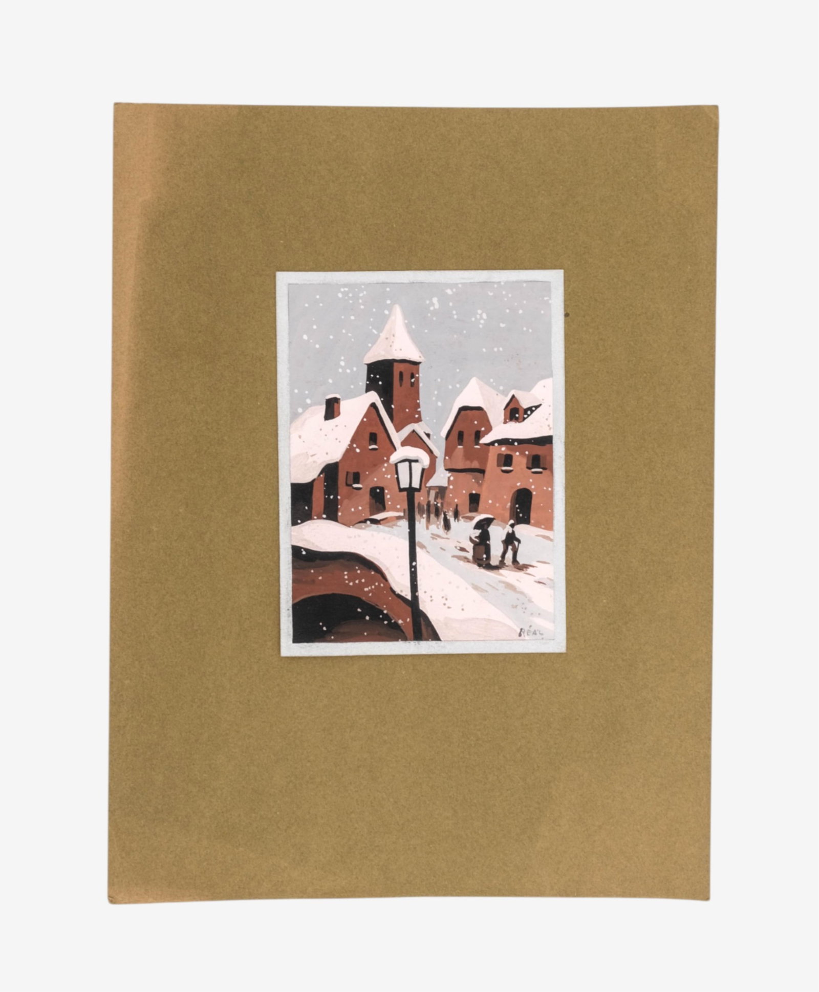 No Reserve: Snowy Village, Pochoir Hand Painted over Stencil, Signed 'Real' - 2