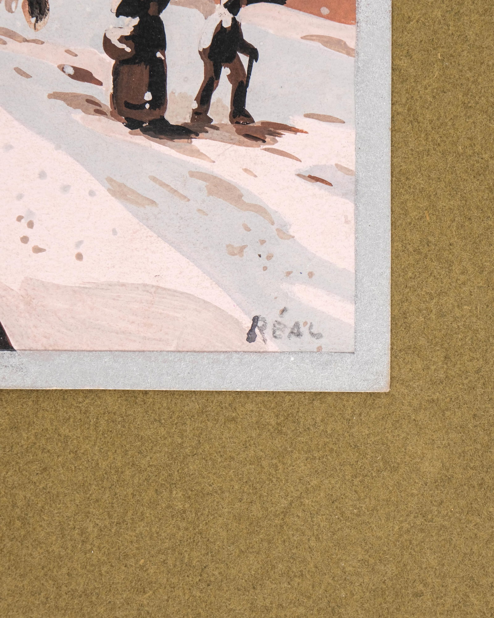 No Reserve: Snowy Village, Pochoir Hand Painted over Stencil, Signed 'Real' - 4