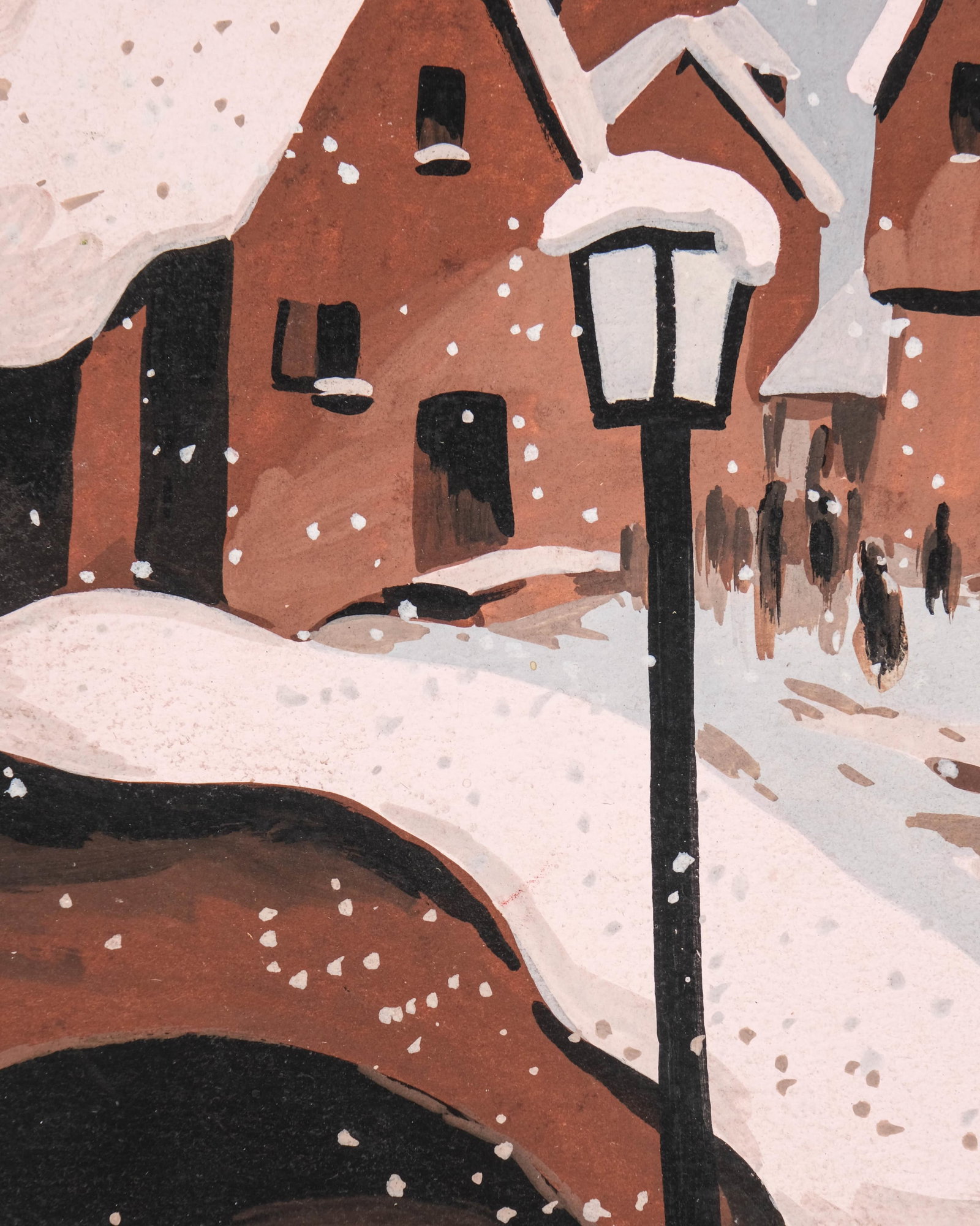 No Reserve: Snowy Village, Pochoir Hand Painted over Stencil, Signed 'Real' - 6