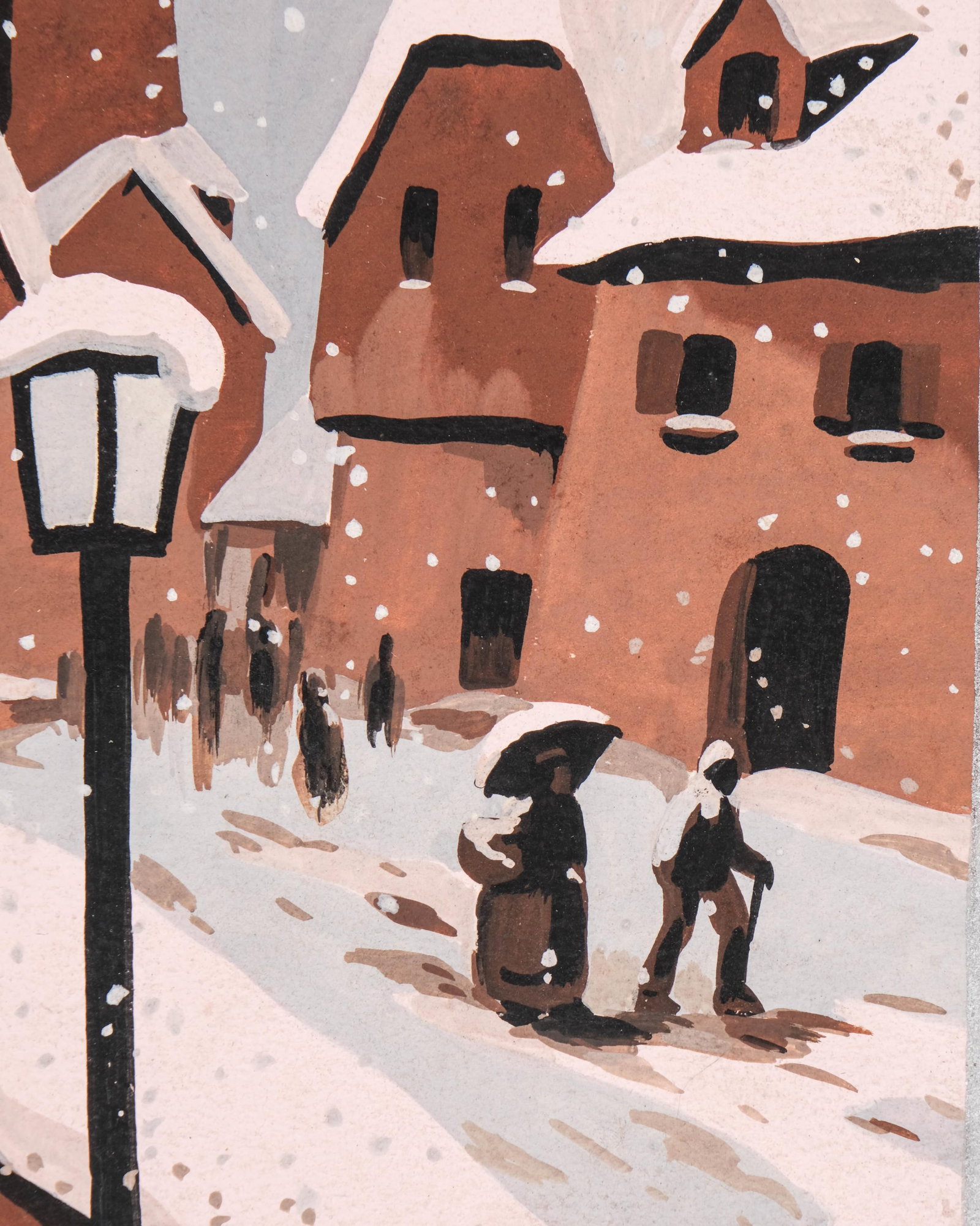 No Reserve: Snowy Village, Pochoir Hand Painted over Stencil, Signed 'Real' - 7