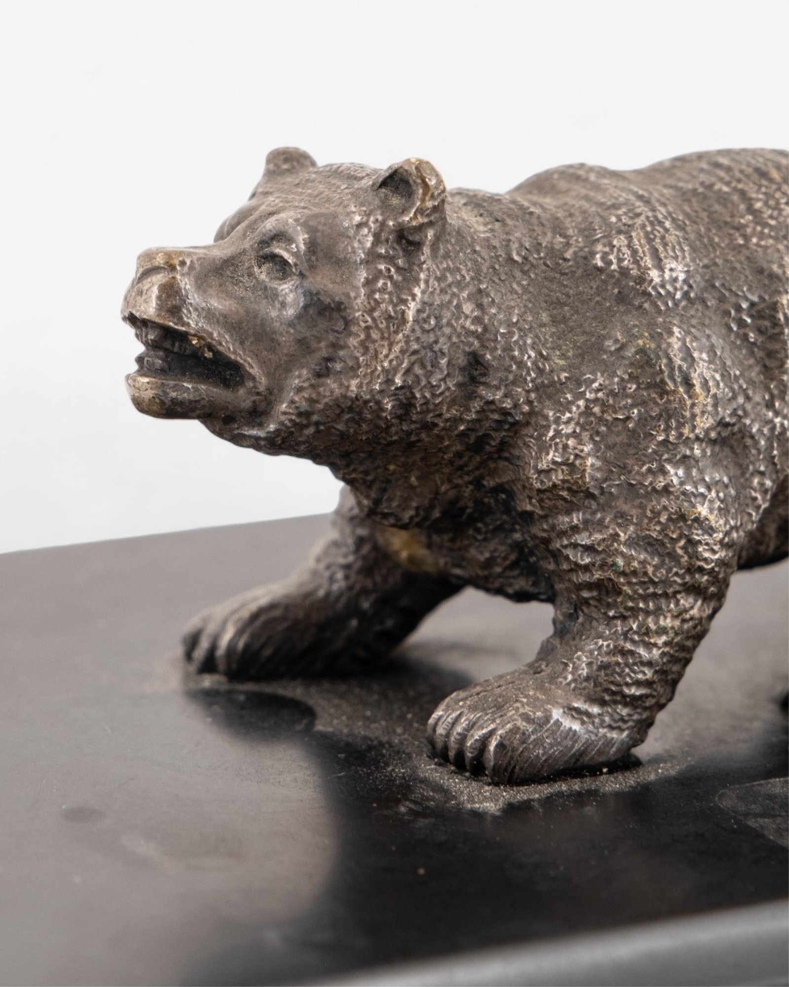 No Reserve: Silvered Bronze Bear Cub Sculpture, Late 19th Century: Keywords: decorative arts, late imperial era, faberge manner, neoclassical base, , miniature sculpture, 19th century metalwork, zoological motif, collectible animal figurine, artisan casting Summary: 