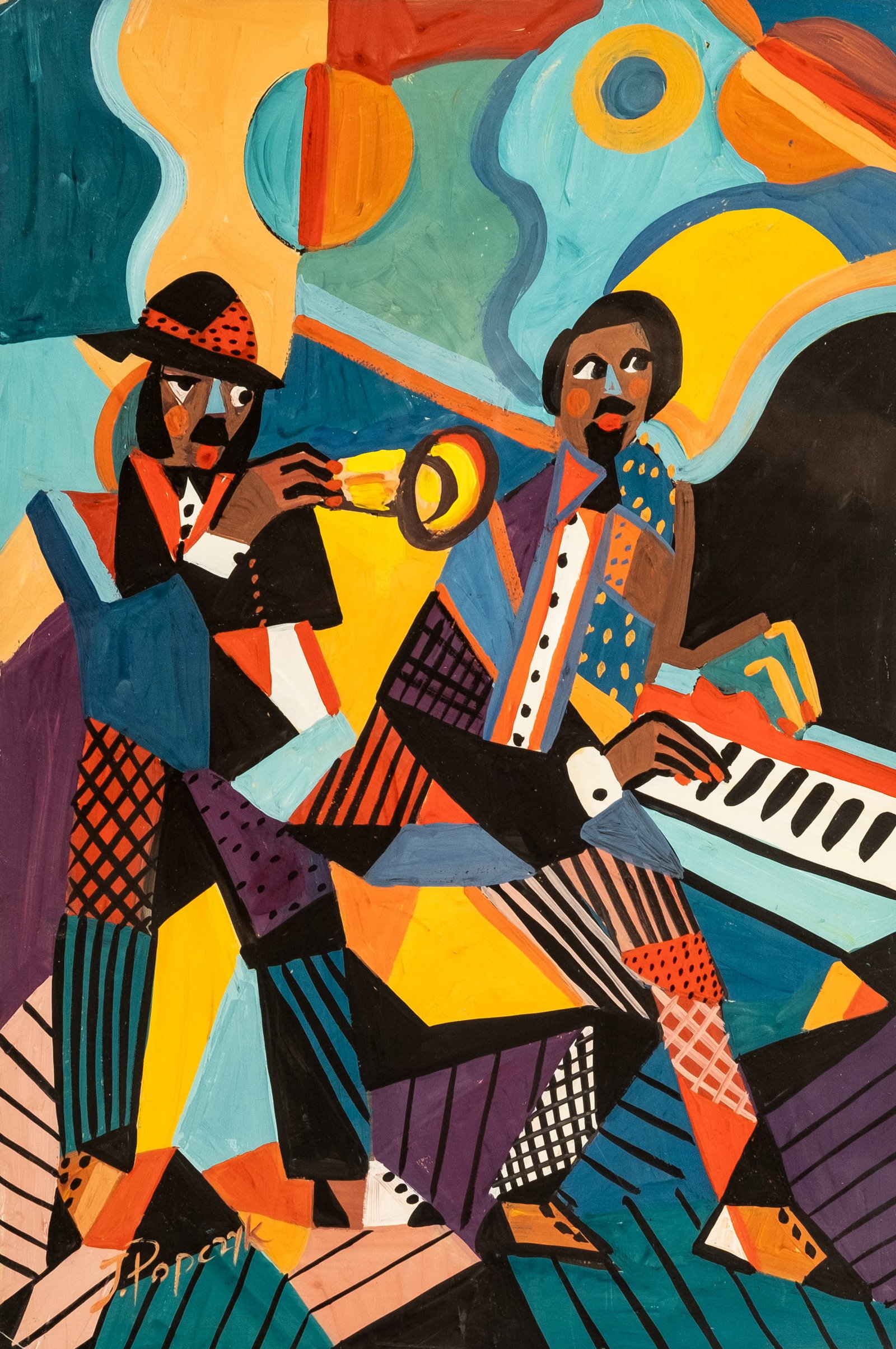 Jozef Popczyk, Signed 'Jazz' Cubist Gouache Painting: Keywords: Polish Art, Jazz Musicians, Cubism, Modernism, Figurative Art, Avant Garde, Music, Trumpet, Piano, Gouache, Works on Paper, Paris School, 20th Century Art Summary: Jozef Popczyk (Polish, 189