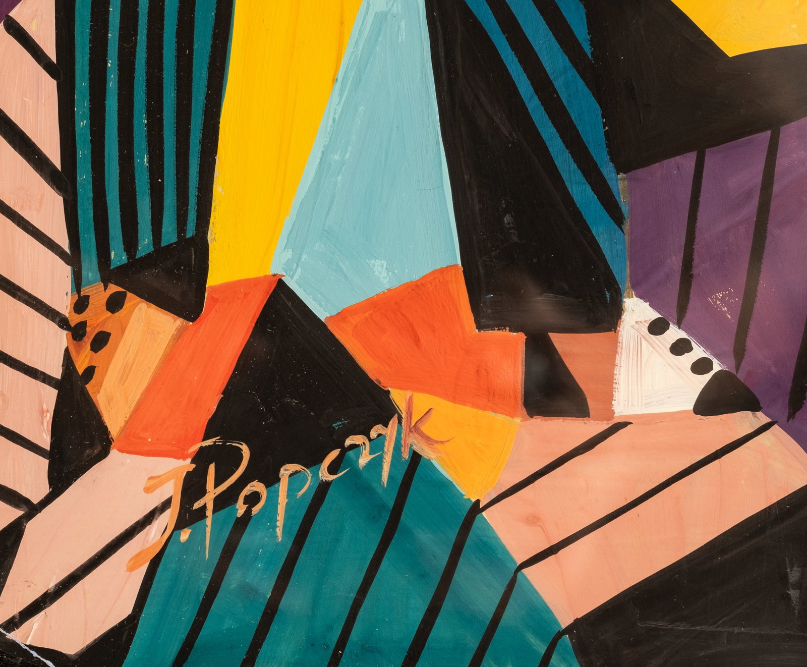 Jozef Popczyk, Signed 'Jazz' Cubist Gouache Painting - 3