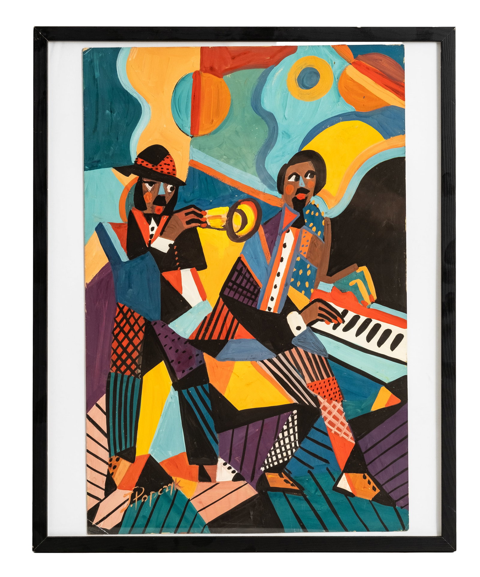 Jozef Popczyk, Signed 'Jazz' Cubist Gouache Painting - 4