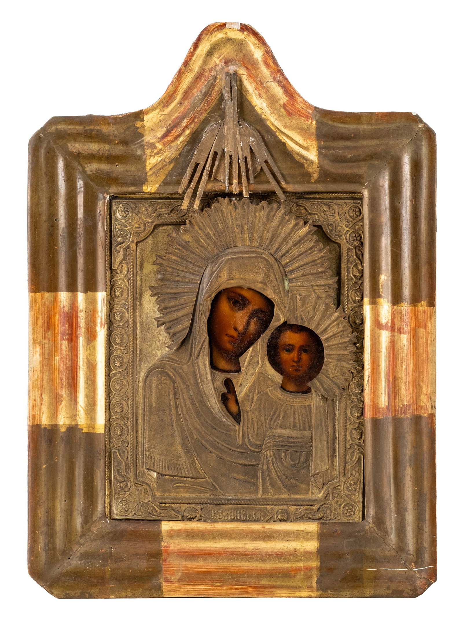No Reserve: Russian Imperial Period Icon, Mother of God of Kazan, Oklad, C.1900: Keywords: Russian Icon, Mother of God of Kazan, Kazanskaya, Theotokos, Virgin Mary, Christ Child, Orthodox Christian, Imperial Russia, Religious Art, Devotional Icon, Oklad, Metal Riza, Wood Panel, Ea