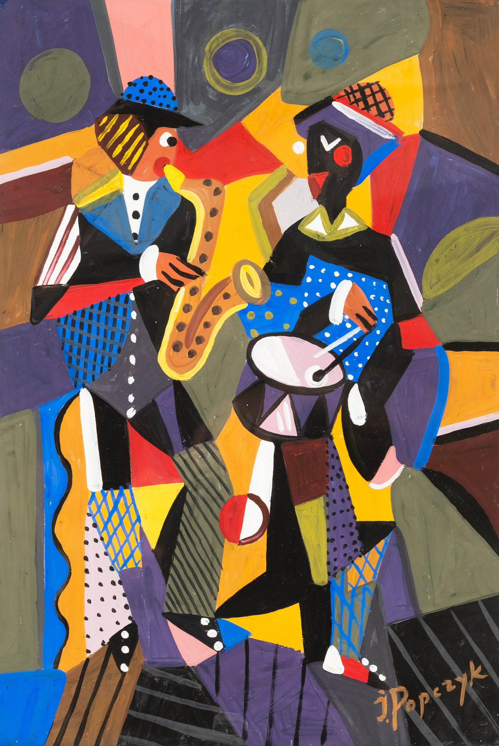 Jozef Popczyk, Signed 'Jazz' Cubist Gouache Painting: Keywords: Polish Art, Jazz Musicians, Cubism, Modernism, Figurative Art, Avant Garde, Music, Saxophone, Drummer, Gouache, Works on Paper, Paris School, 20th Century Art Summary: Jozef Popczyk (Polish,