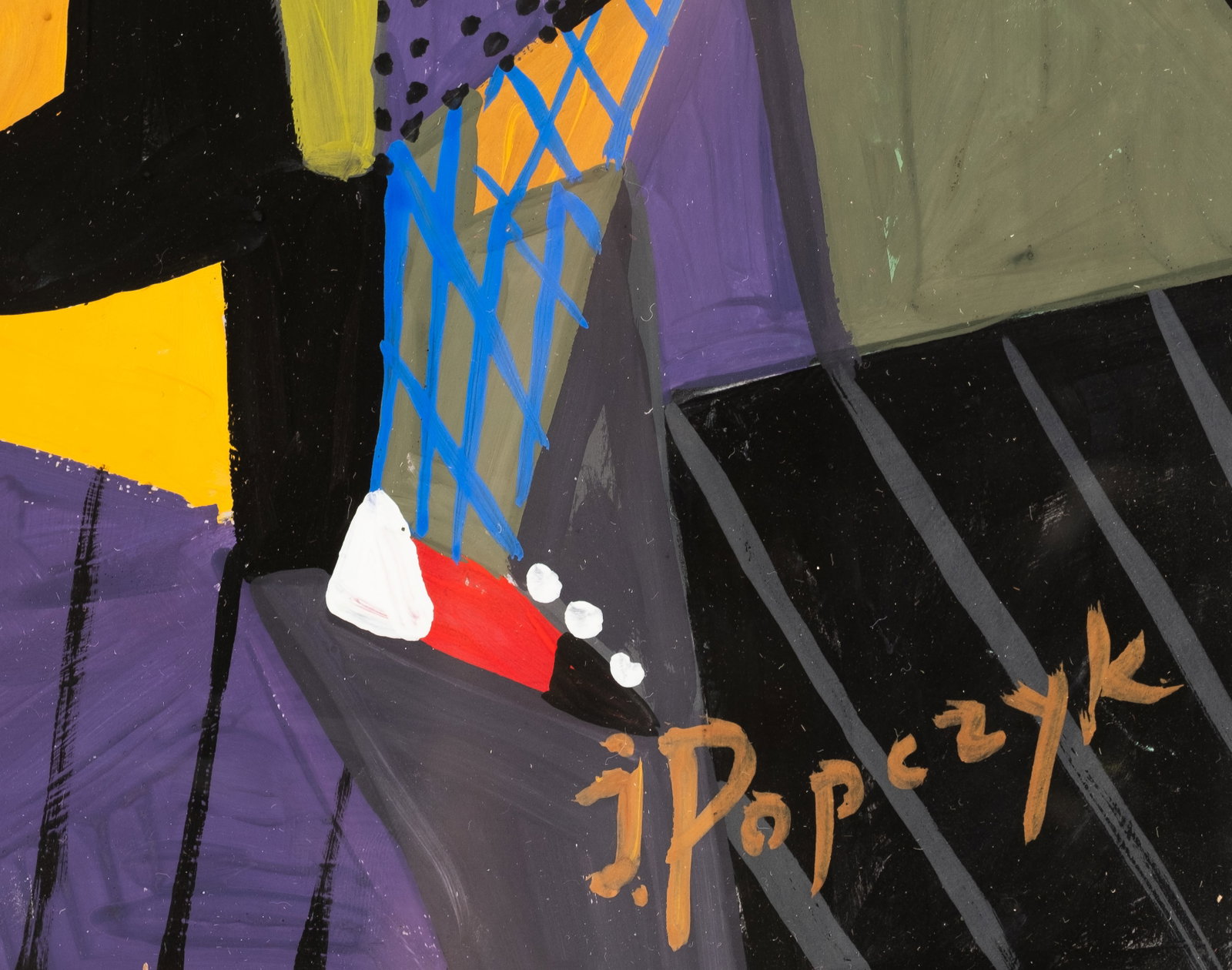 Jozef Popczyk, Signed 'Jazz' Cubist Gouache Painting - 3