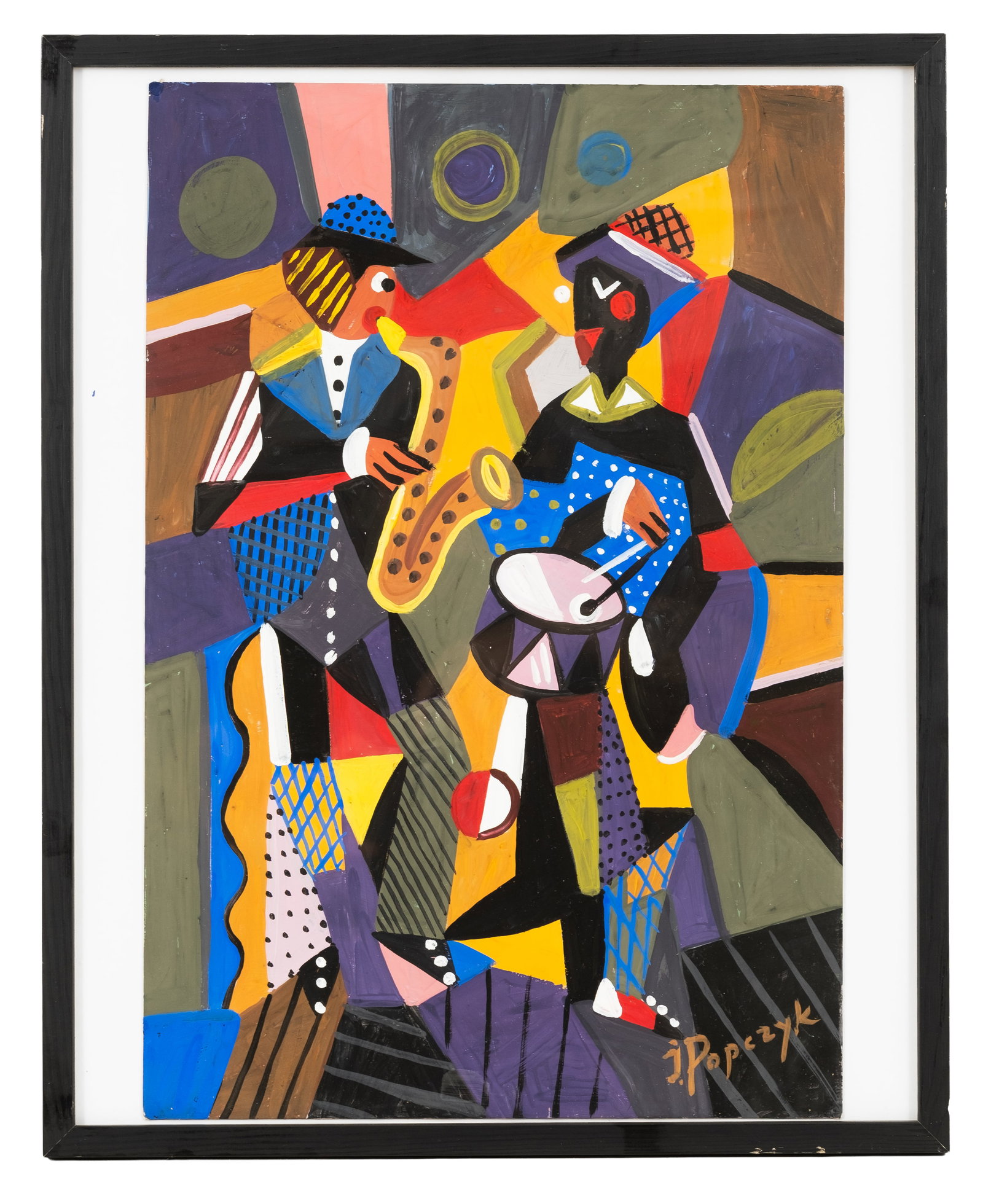 Jozef Popczyk, Signed 'Jazz' Cubist Gouache Painting - 4