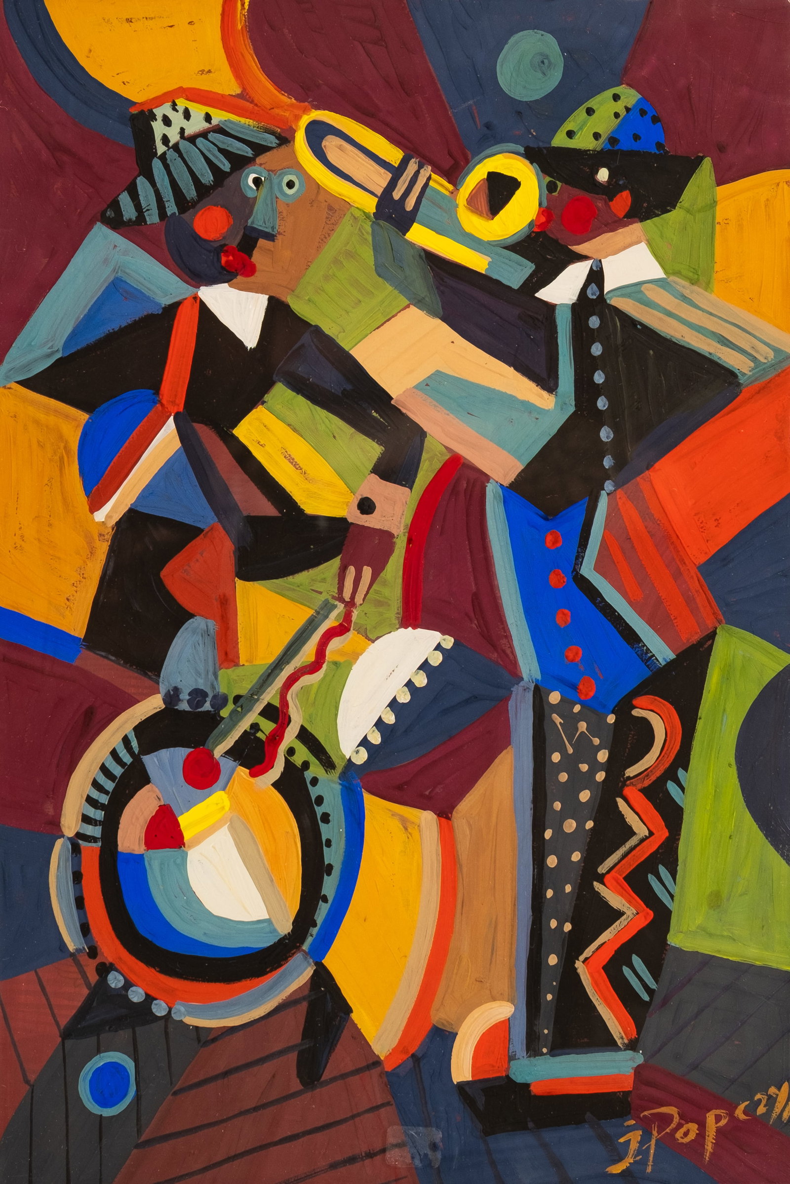 Jozef Popczyk, Signed 'Jazz' Cubist Gouache Painting: Keywords: Polish Art, Jazz Musicians, Cubism, Modernism, Avant Garde, Figurative Art, Trumpet Player, Banjo Player, Music, Paris School, Gouache, Works on Paper, 20th Century Art Summary: Jozef Popczy