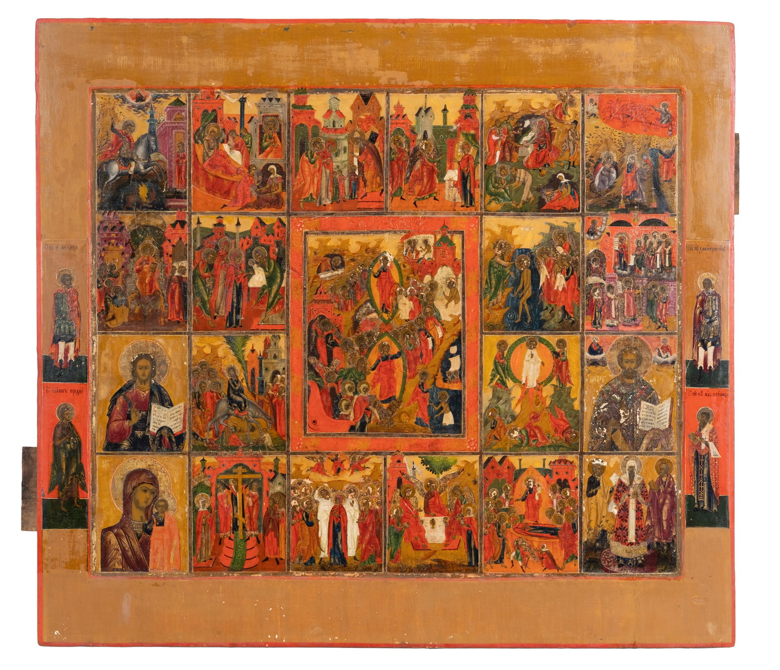 18th/Early 19th Century Large Russian Orthodox Ecclesiastical Feast & Saints Icon Painting: Keywords: Russian Icon, Orthodox Icon, Feast Days, Ecclesiastical Year, Saints, Resurrection, Jesus Christ, Virgin Mary, Religious Art, Christian Art, Tempera, Wood Panel, Hand Hewn, Cyrillic, Antique