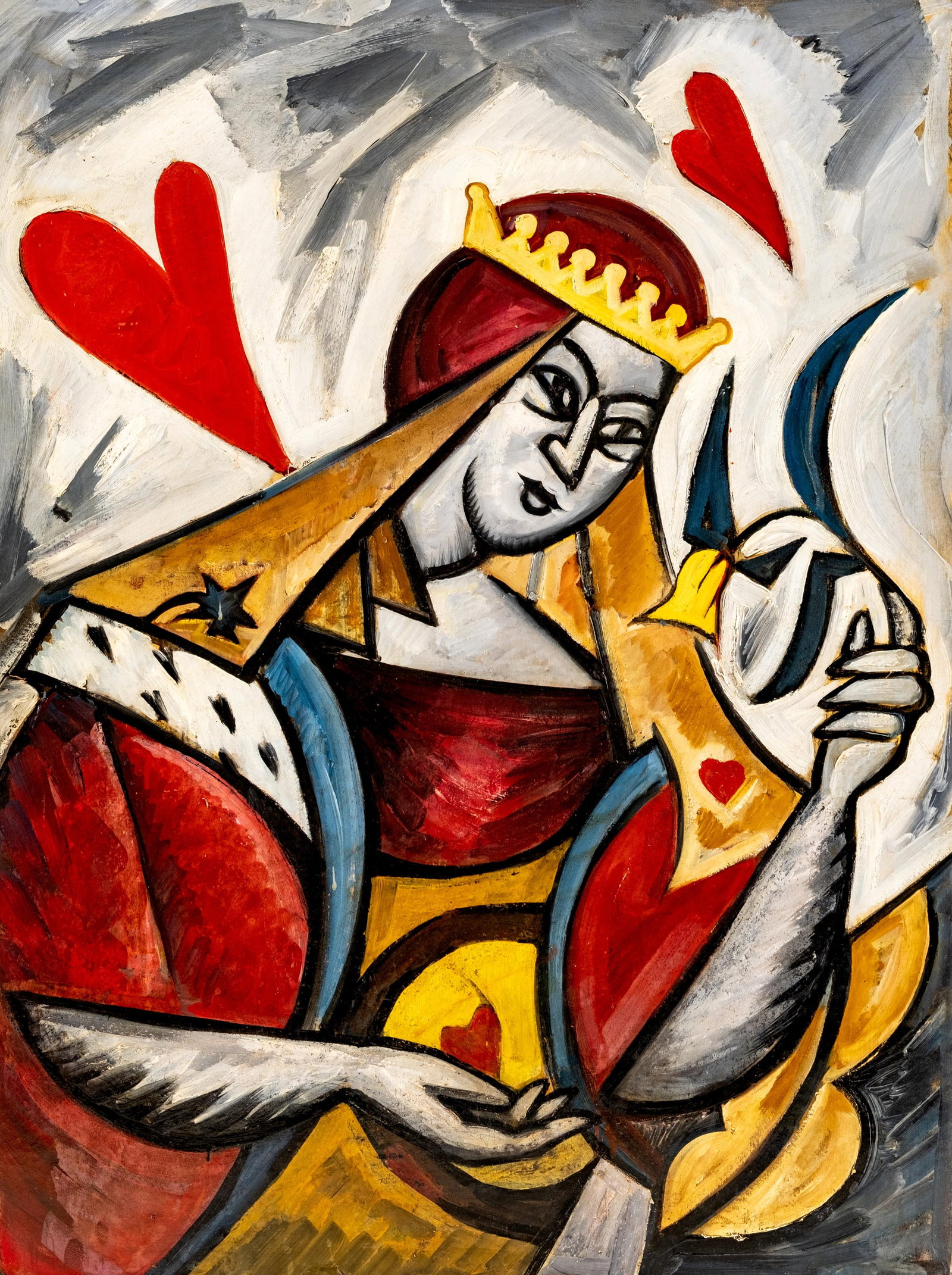 No Reserve: Olga Rozanova Queen of Hearts Futurist Russian Painting: Keywords: Avant Garde, Futurist, Modernist, Cubist, Queen of Hearts, playing card, figural, crowned female figure, geometric, oil on cardboard, card player imagery, bold colors, Painting Authentometer