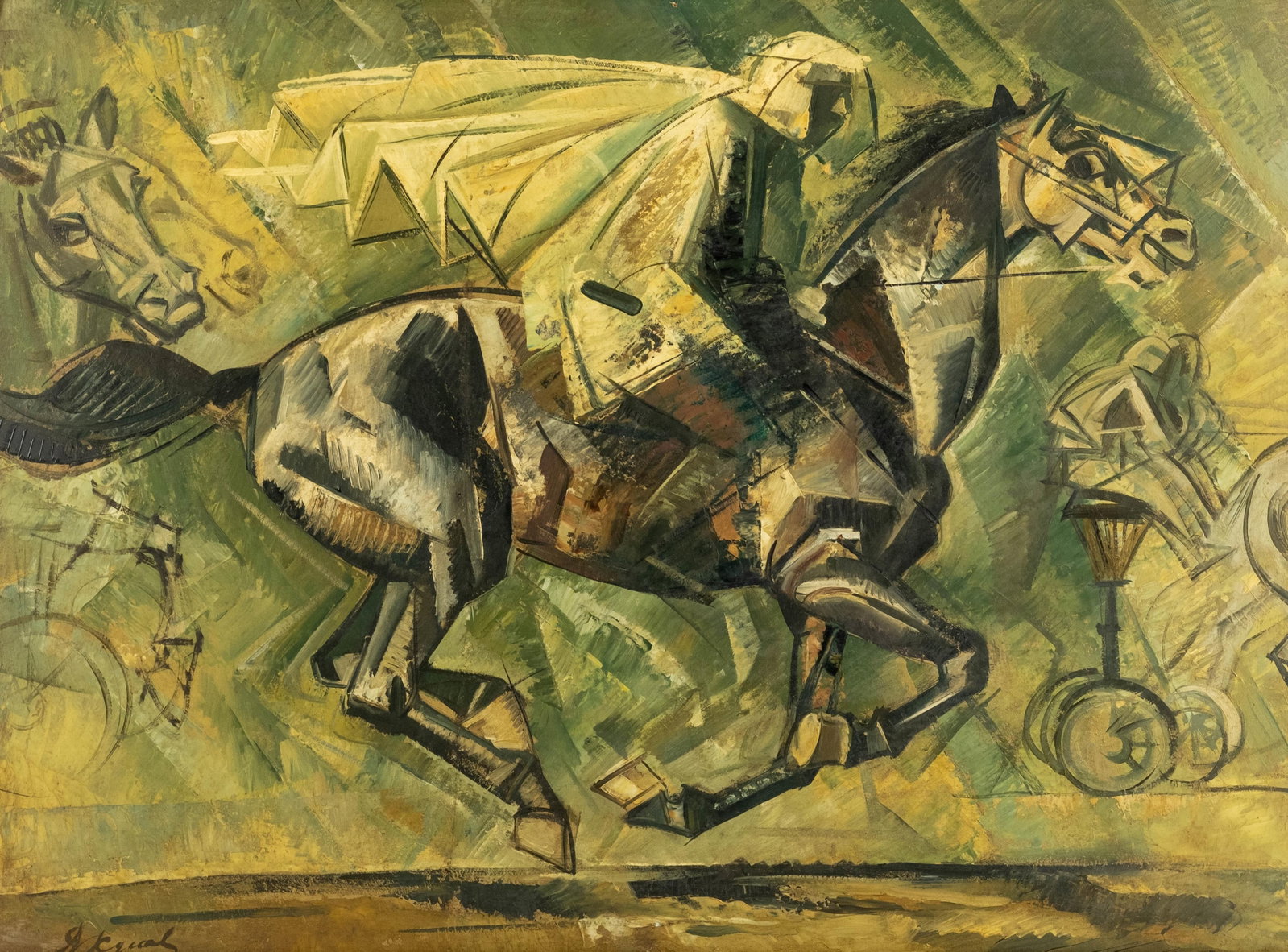 No Reserve: Russian Avant-Garde Cubist Horse and Rider Oil on Cardboard Painting, Signed Illegibly: Keywords: horse and rider, equestrian, Russian avant garde style, geometric composition, modernist, expressionist, dynamic movement, signed, oil on cardboard, figural, green palette Summary: Wonderful