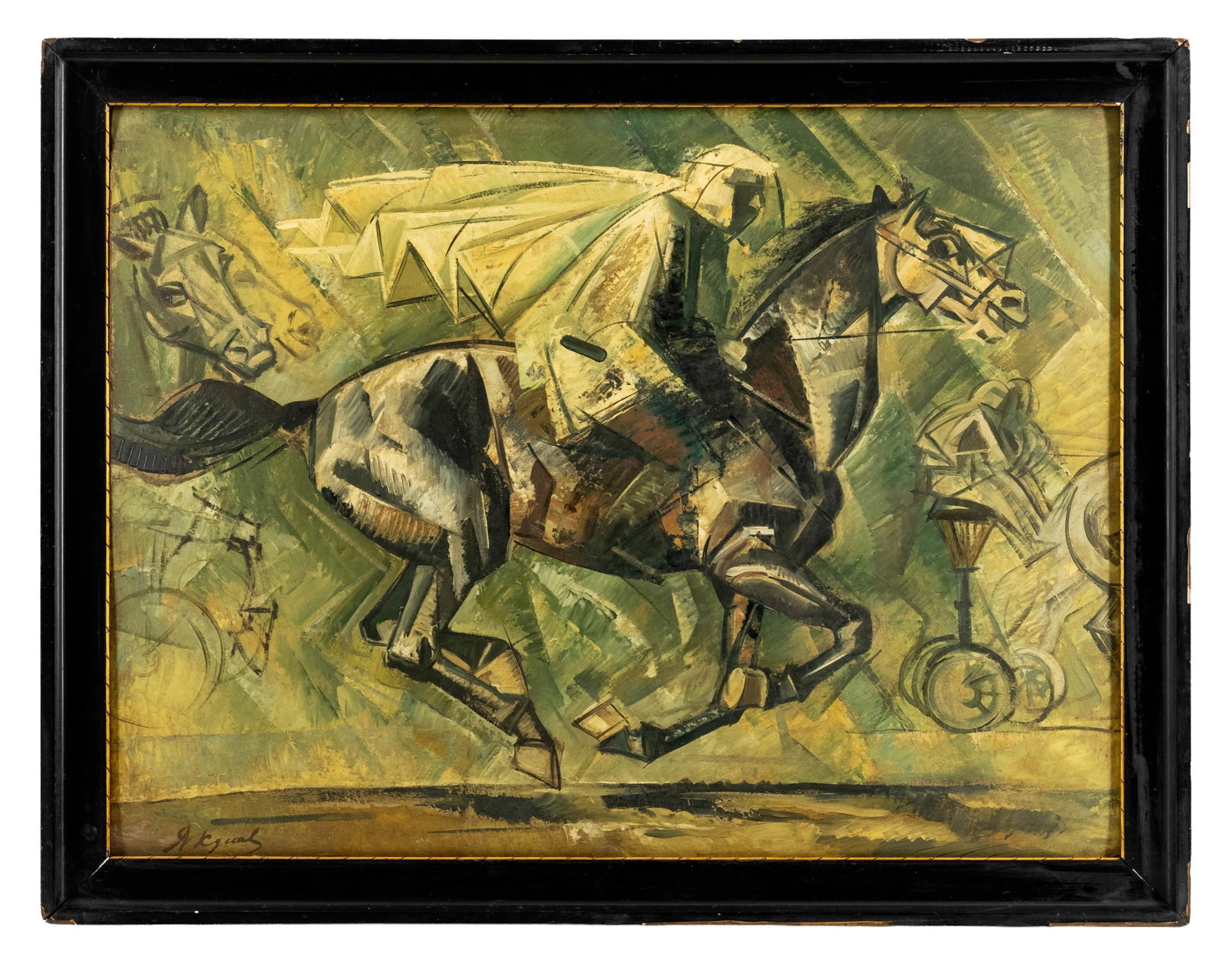 No Reserve: Russian Avant-Garde Cubist Horse and Rider Oil on Cardboard Painting, Signed Illegibly - 3