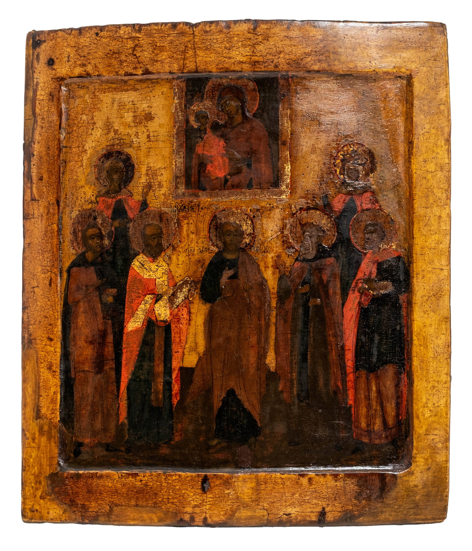 No Reserve: 18th-19th Century Russian Orthodox Icon Saints Tempera Painting on Hand-Hewn Wood - 3