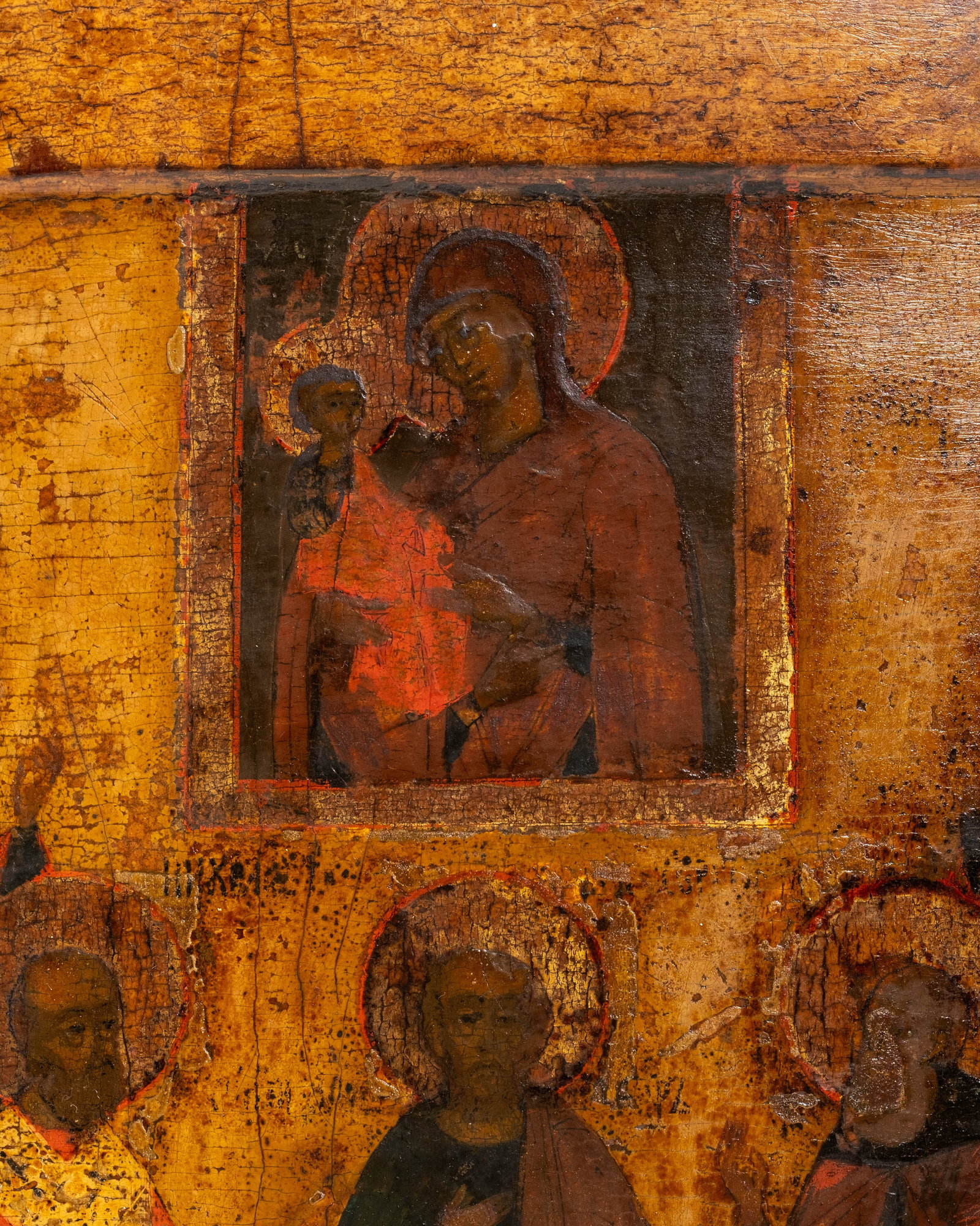 No Reserve: 18th-19th Century Russian Orthodox Icon Saints Tempera Painting on Hand-Hewn Wood - 5