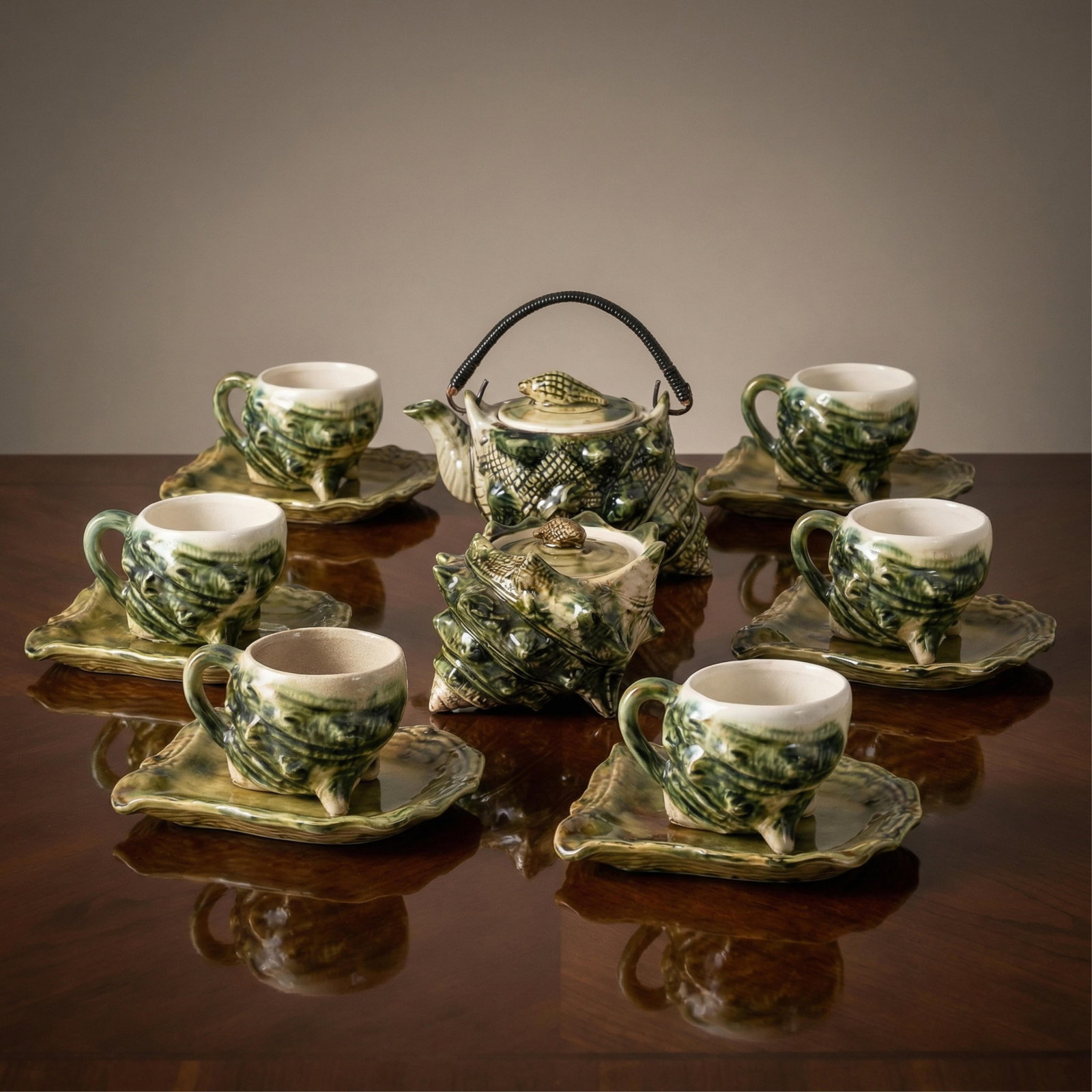 No Reserve: Vintage Japonisme Ceramic Sea Shell Tea Set, unsigned: Keywords: majolica style, sea shell motif, tea set, Japanese ceramic, vintage tea service, shell form, figural pottery, teapot, lidded sugar bowl, cups and saucers, green glazed ceramic, coastal decor
