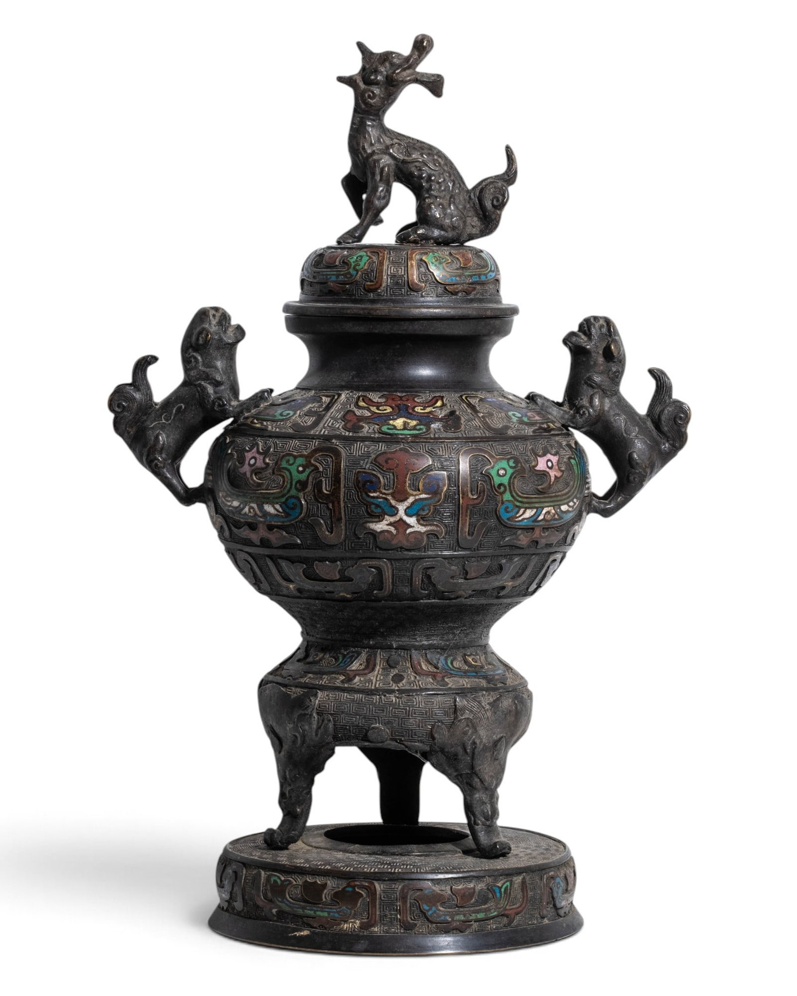 No Reserve: 19th Century Chinese Bronze and Cloisonné Enamel Tripod Censer: Keywords: Chinese, Qing Dynasty, Cloisonne, Enamel, Bronze, Censer, Incense Burner, Tripod, Archaistic, Taotie, Animal Form, Mythical Beast, Ritual Vessel, Asian Art Summary: 19th century Chinese bron