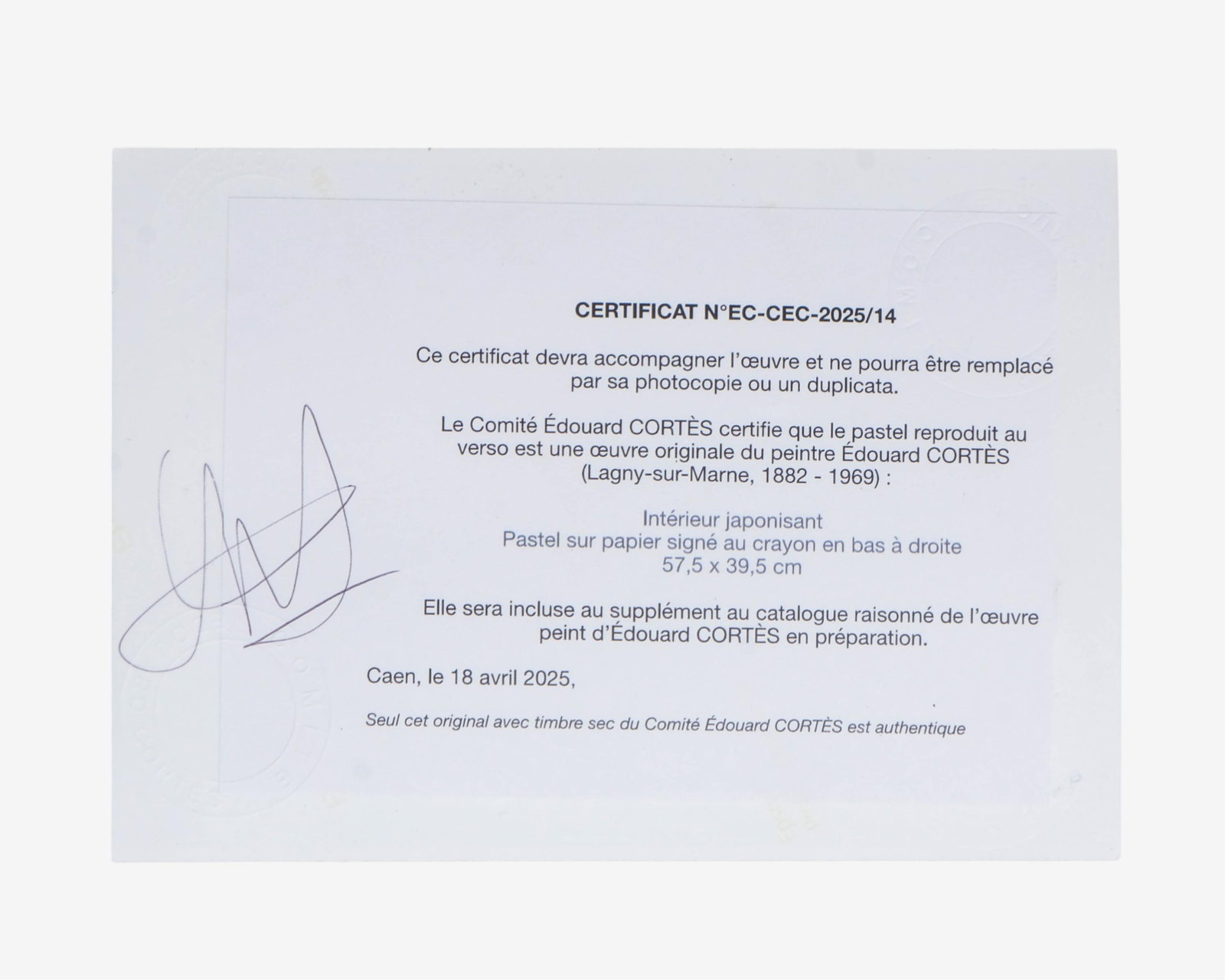 No Reserve: Edouard Cortes, Signed and now with Authentication document Pastel - 2