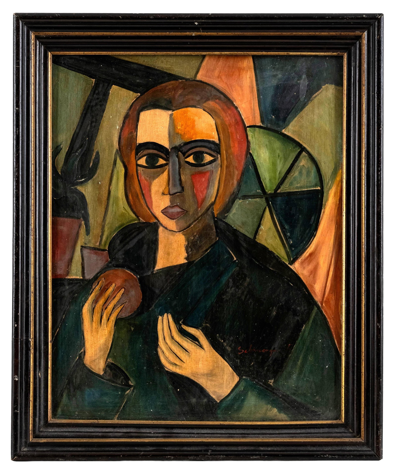 No Reserve: Armand Schonberger Signed Portrait of a Woman Oil on Hardboard Painting: Keywords: portrait, woman, modernist, cubism style, expressionist, geometric portrait, figural, signed, oil on hardboard, European modernism Authentometer: A9* Summary: Armand Schonberger (1885-1974) 