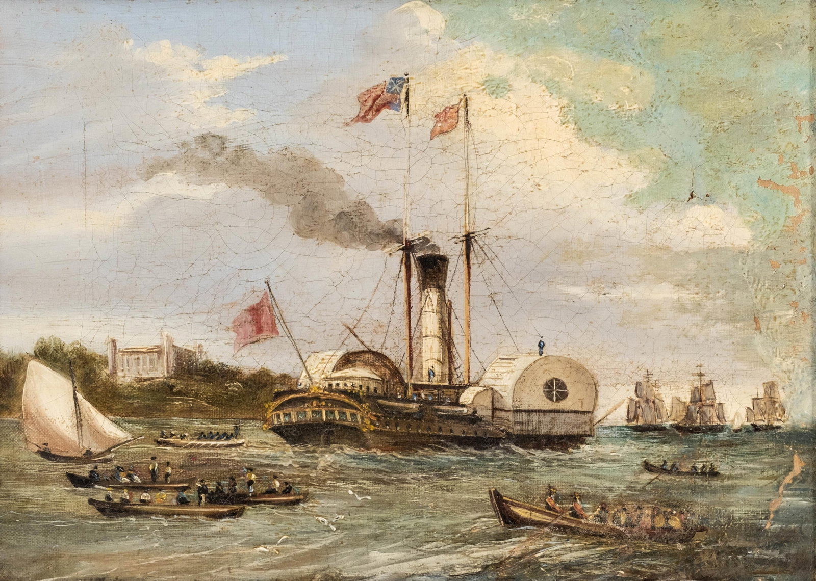 Paddle-Wheeler Steam Ship Oil Painting Early 19th Century - 2
