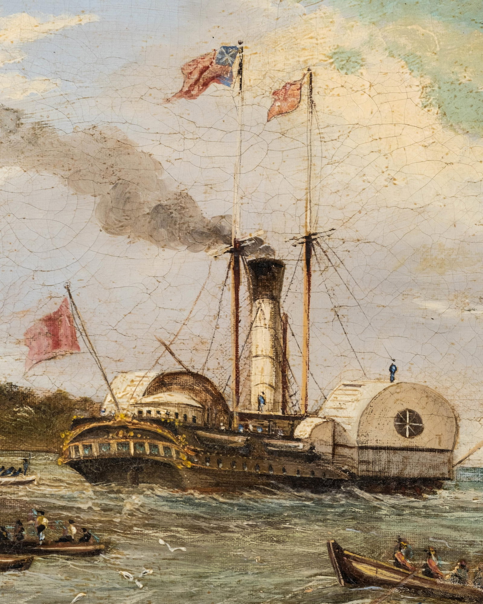 Paddle-Wheeler Steam Ship Oil Painting Early 19th Century - 5