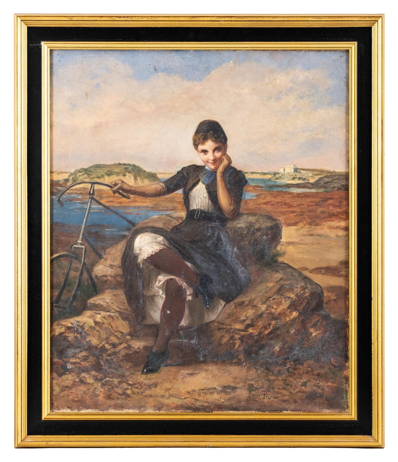 Henry (Henri) Picou Young Girl with Bicycle by the Seaside, Oil on Canvas Painting, Signed and Dated (1 of 9)