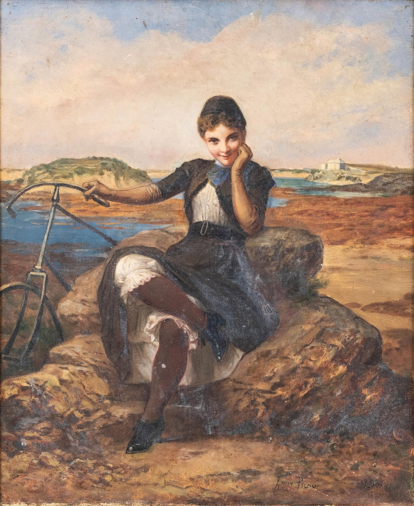 Henry (Henri) Picou Young Girl with Bicycle by the Seaside, Oil on Canvas Painting, Signed and Dated - 2