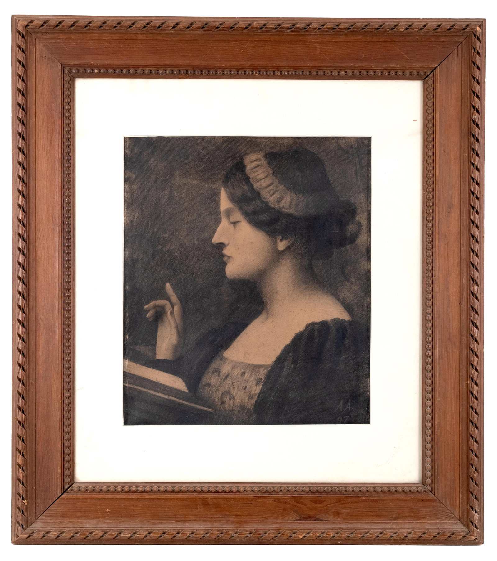 Alfred Agache, Renaissance Revival Charcoal Painting Signed with Monogram AA dated '97 (1 of 5)