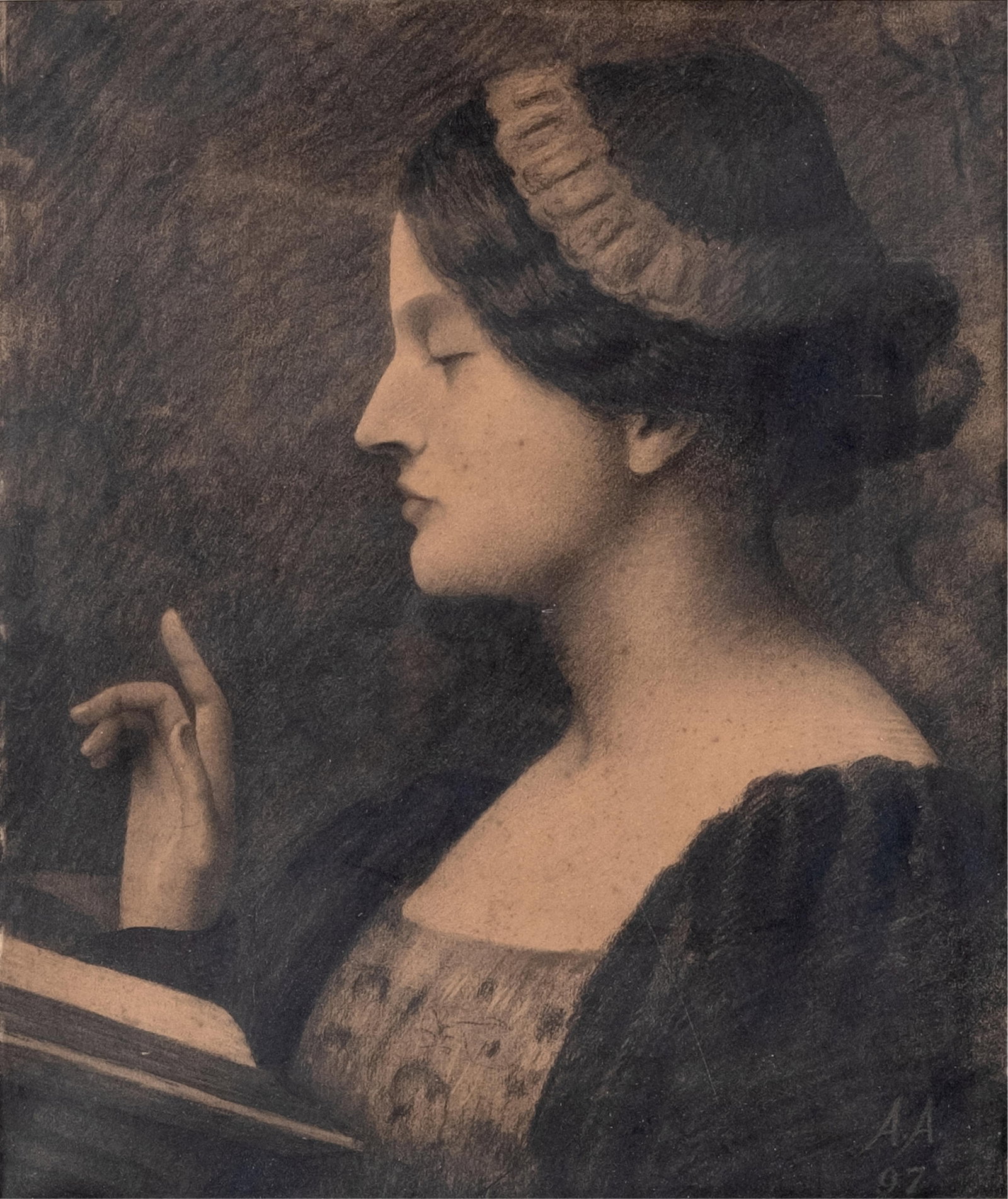 Alfred Agache, Renaissance Revival Charcoal Painting Signed with Monogram AA dated '97 - 2