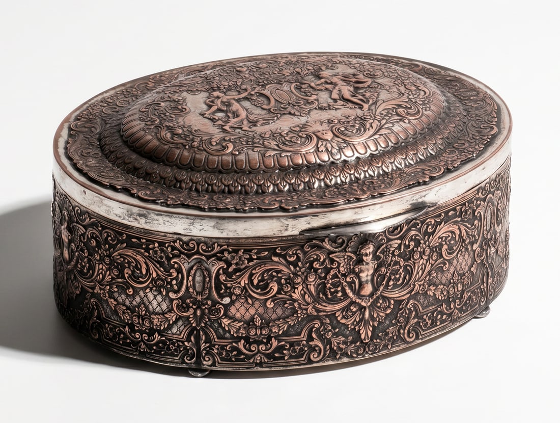 No Reserve: Large Repoussé Silver over Copper Oval Dresser Box, American Maker Marks (1 of 6)