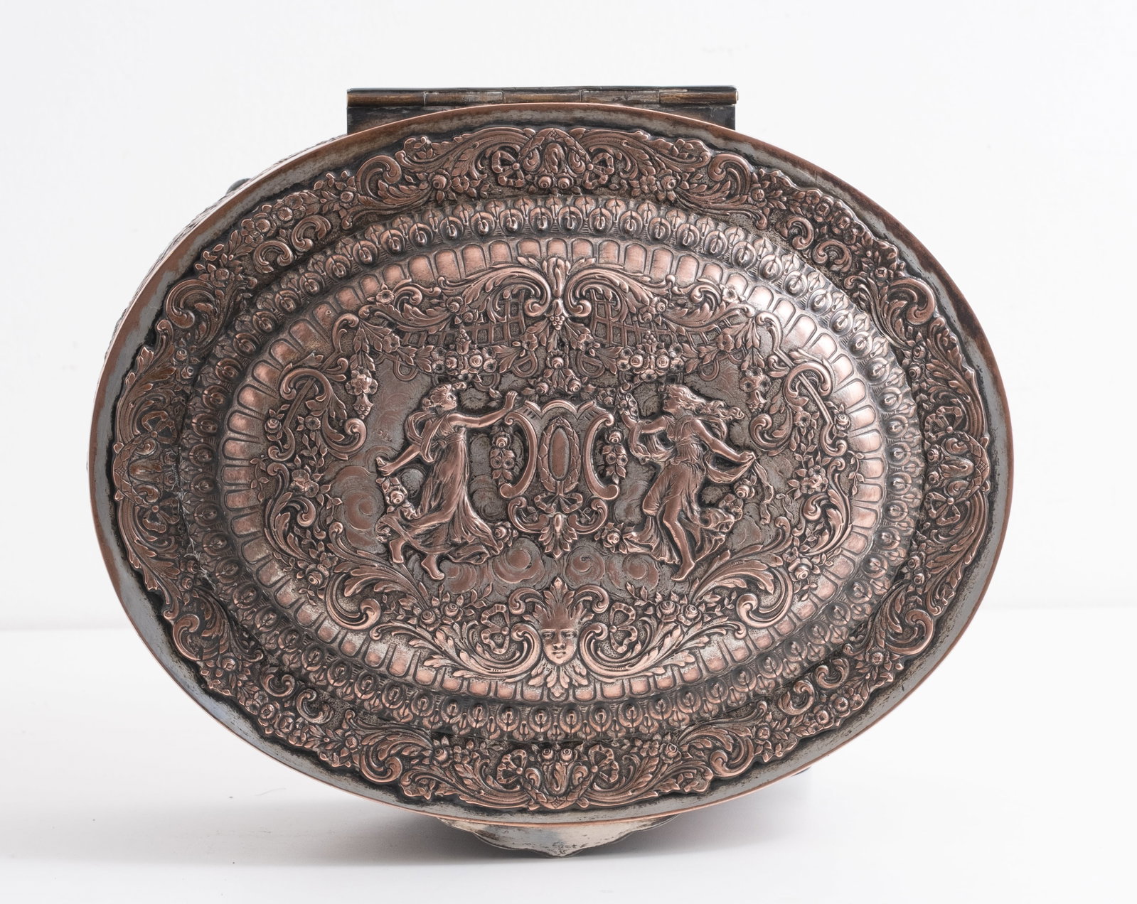 No Reserve: Large Repoussé Silver over Copper Oval Dresser Box, American Maker Marks - 2