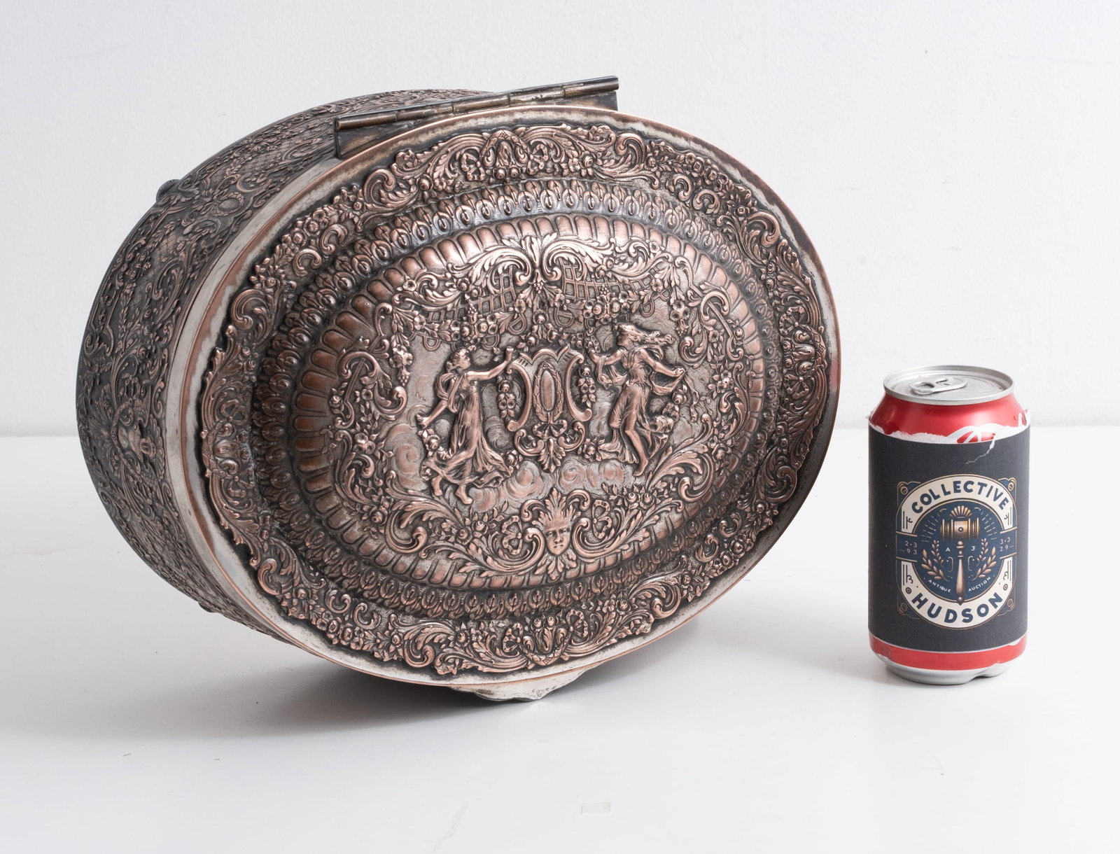 No Reserve: Large Repoussé Silver over Copper Oval Dresser Box, American Maker Marks - 3