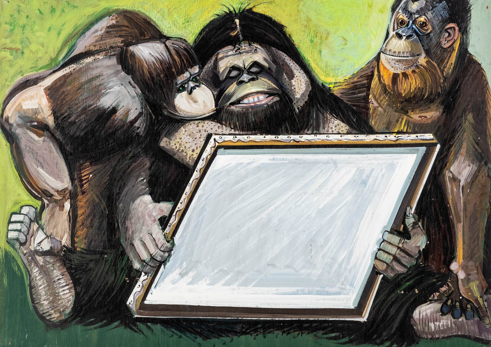 No Reserve: 'Art Critics' Satirical Monkey Oil Painting on Panel (1 of 8)