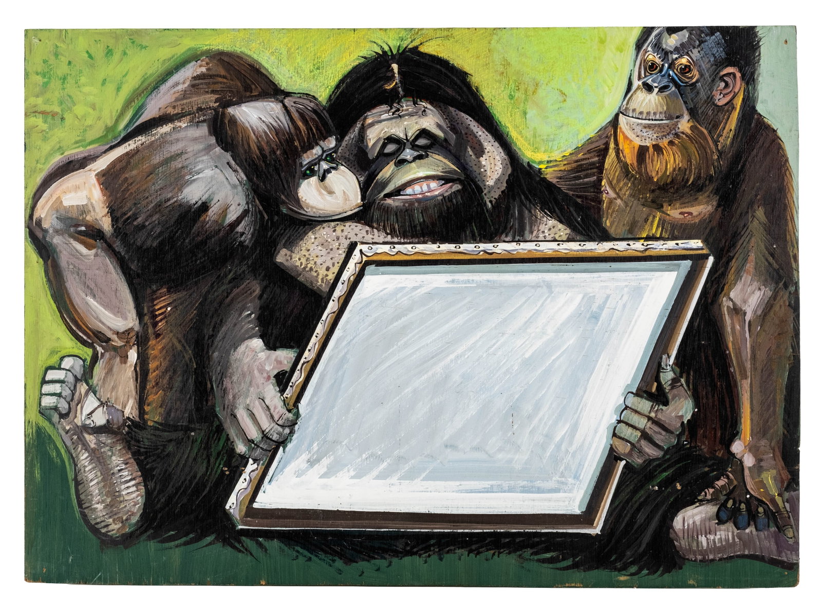 No Reserve: 'Art Critics' Satirical Monkey Oil Painting on Panel - 3