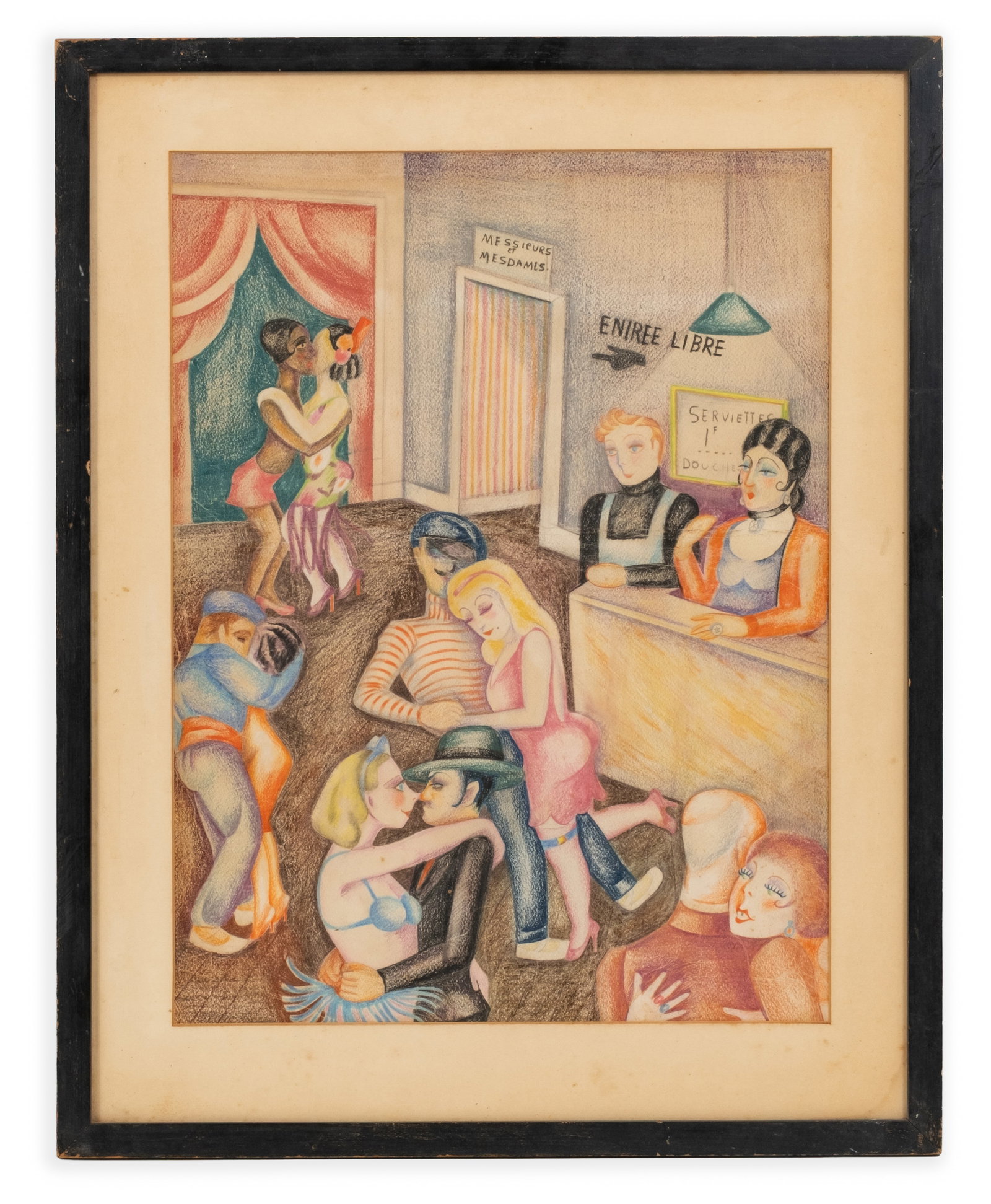 Circa 1930s Parisian Club Interior Colored Pencil Drawing / Painting, unsigned: Keywords: French School, Art Deco, Paris Nightlife, Cabaret, Nightclub Interior, Colored Pencil, Figurative Drawing, Social Scene, Bohemian, Continental Art, Interwar Period Summary: An unsigned circa