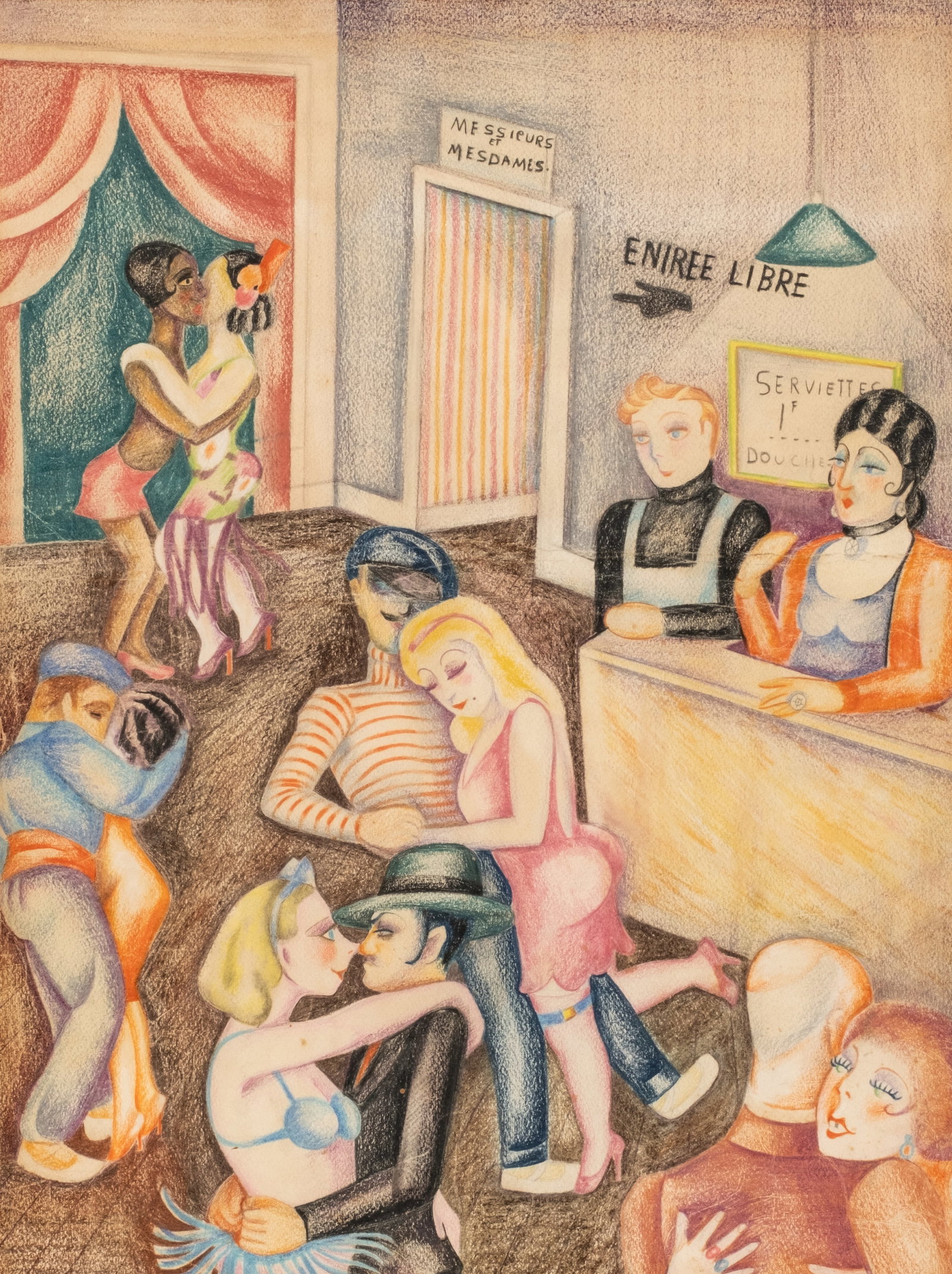 Circa 1930s Parisian Club Interior Colored Pencil Drawing / Painting, unsigned - 2
