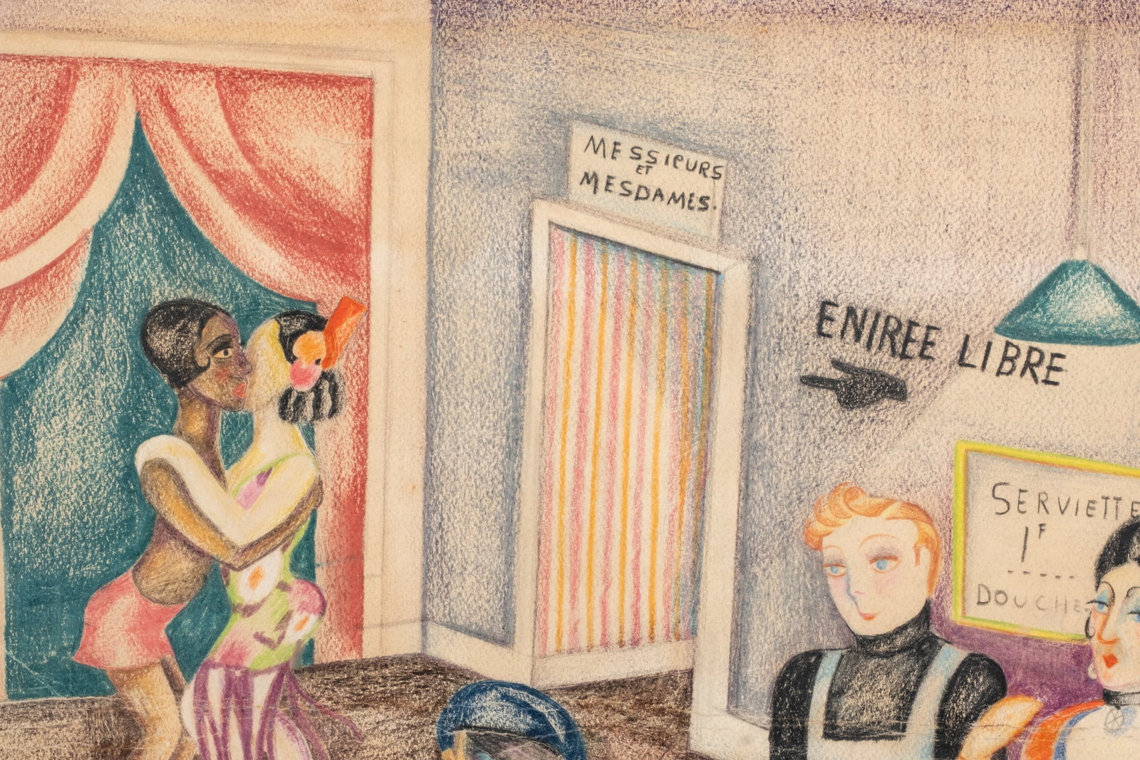 Circa 1930s Parisian Club Interior Colored Pencil Drawing / Painting, unsigned - 4